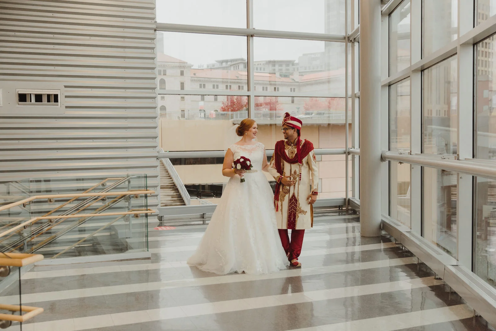 bride and groom first look at the Science of Museum of Minnesota venue