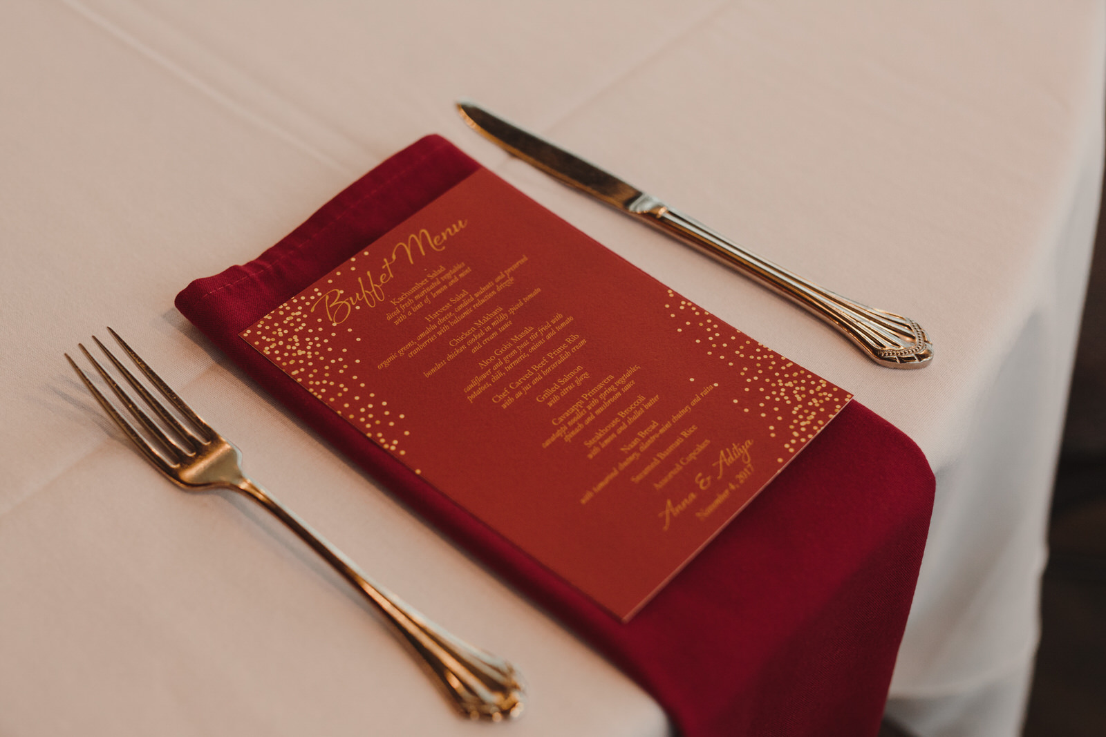  red tablescape and menu for wedding 