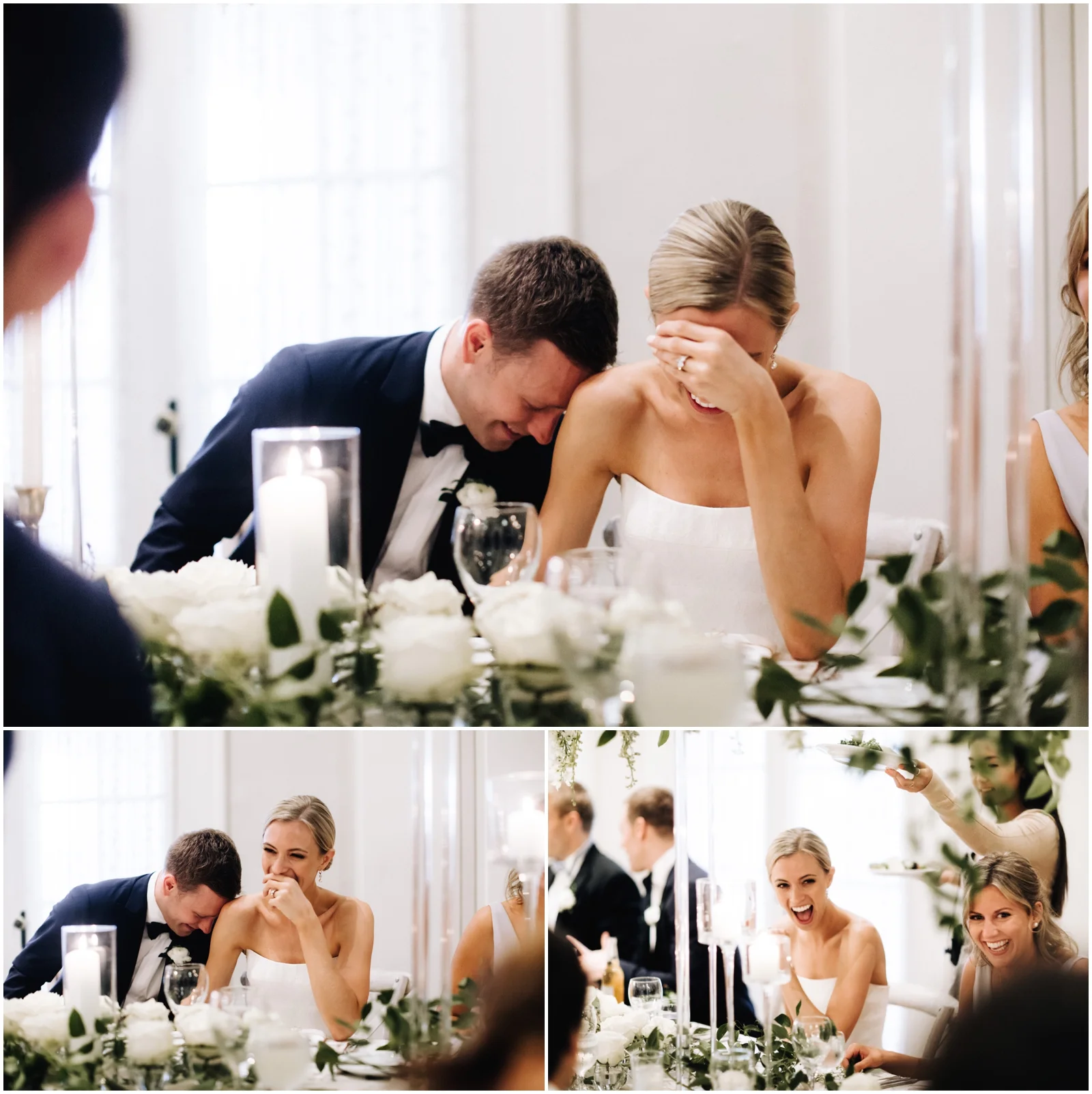 Minnesota Wedding Planner. Lafayette Club Wedding. Wedding Reception Inspiration. Wedding Decor. Greenery Wedding. Bride and groom laughing at the reception