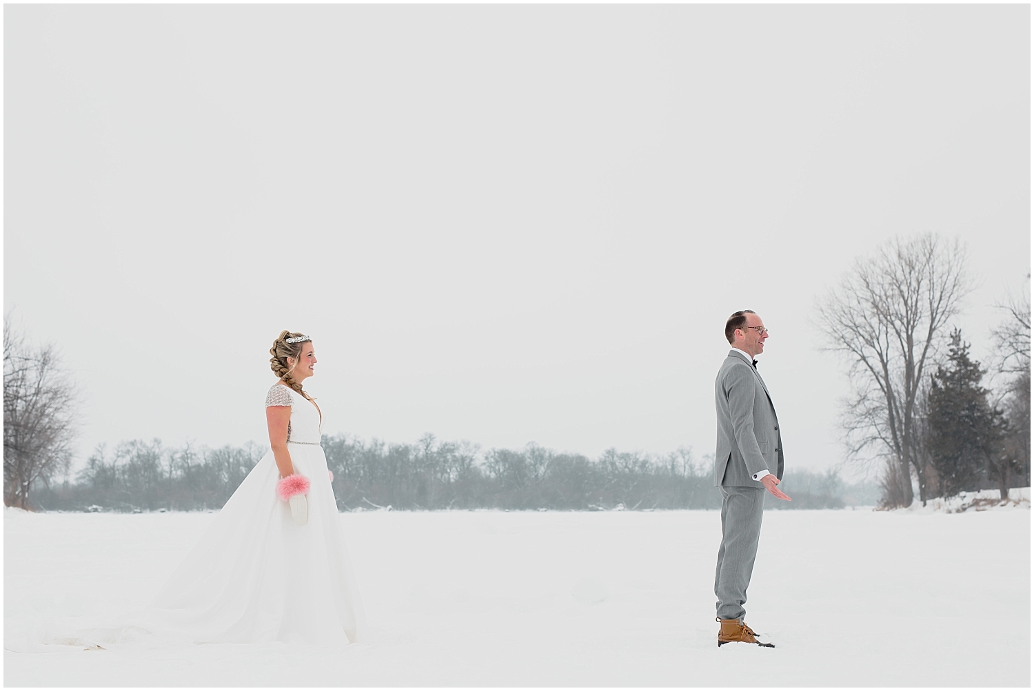  Minnesota Wedding Planner, Mpls Wedding Planner, Machine Shop MPLS, Mpls Wedding Venue, Bride and groom’s first look in the winter snow 