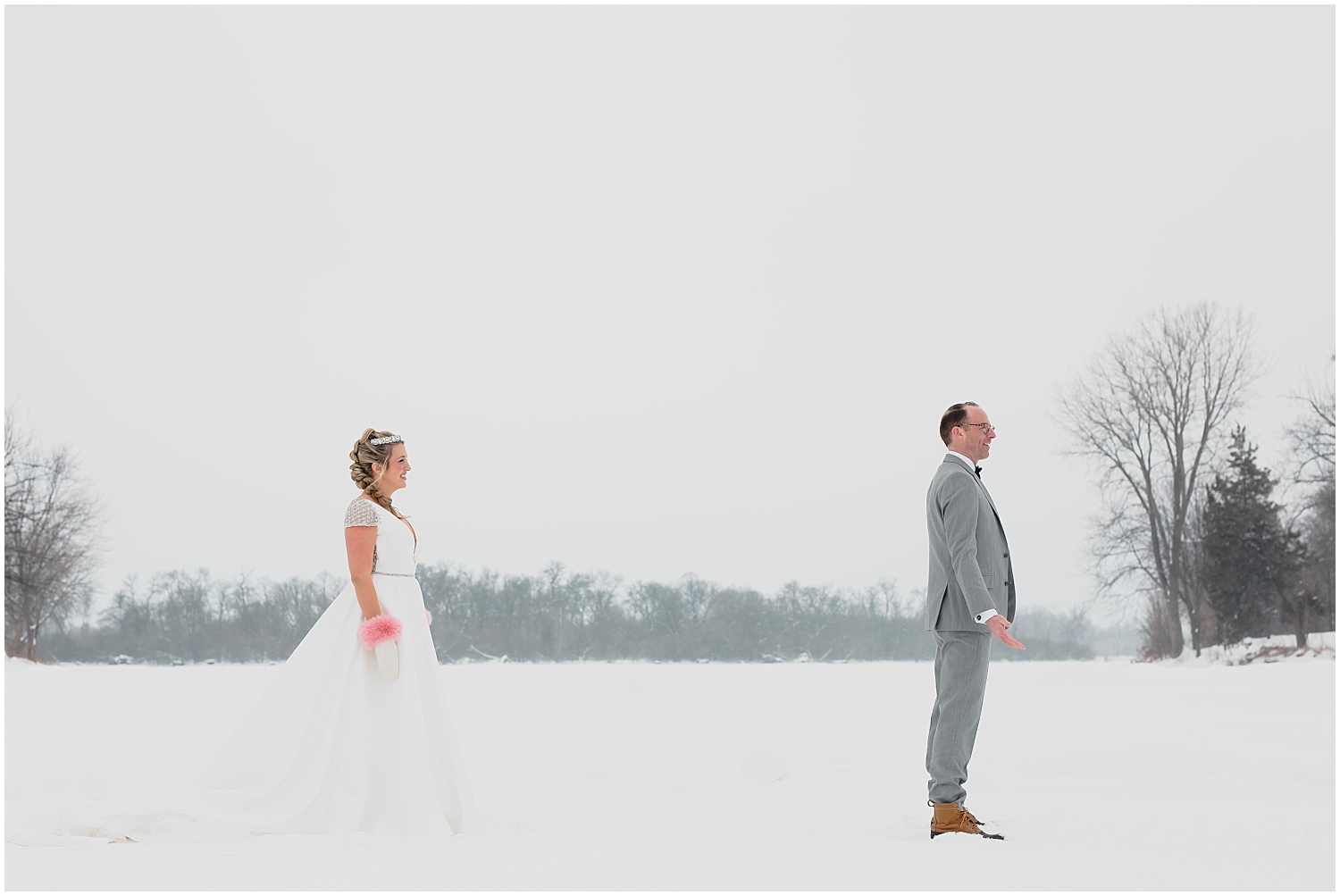 Minnesota Wedding Planner, Mpls Wedding Planner, Machine Shop MPLS, Mpls Wedding Venue, Bride and groom’s first look in the winter snow