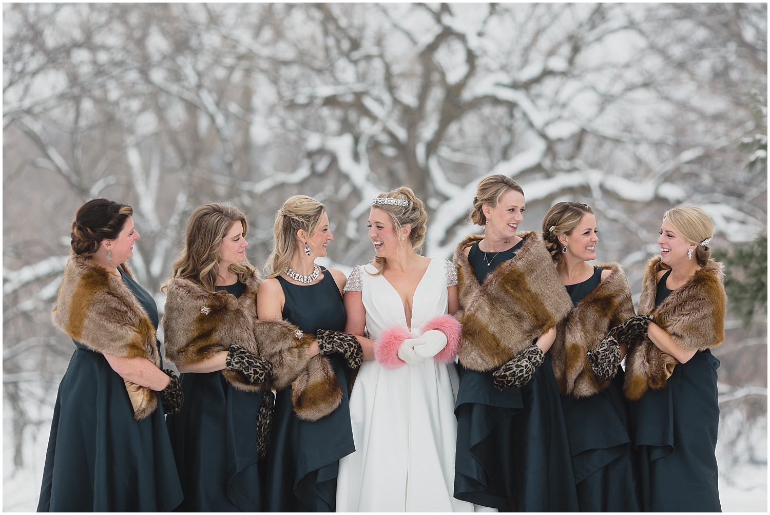 Minnesota Wedding Planner, Mpls Wedding Planner, Machine Shop MPLS, Mpls Wedding Venue, Bride with her bridesmaids in the Winter Snow