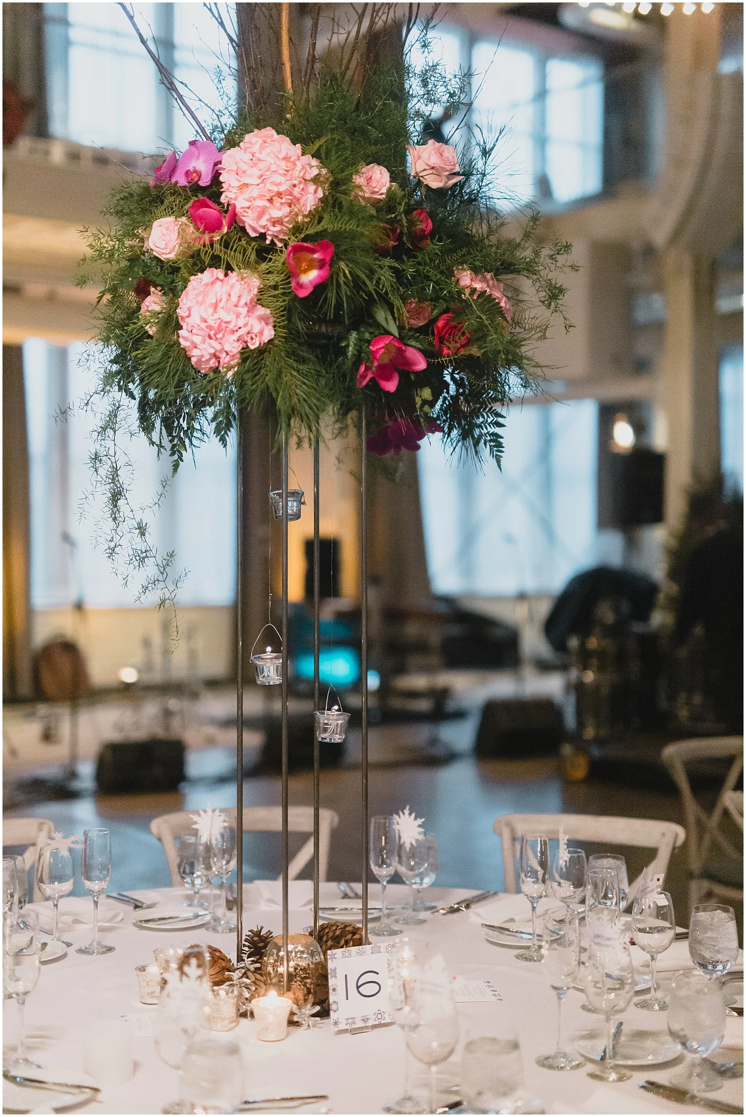 Minnesota Wedding Planner, Mpls Wedding Planner, Machine Shop MPLS, Mpls Wedding Venue, Tall Floral Centerpieces