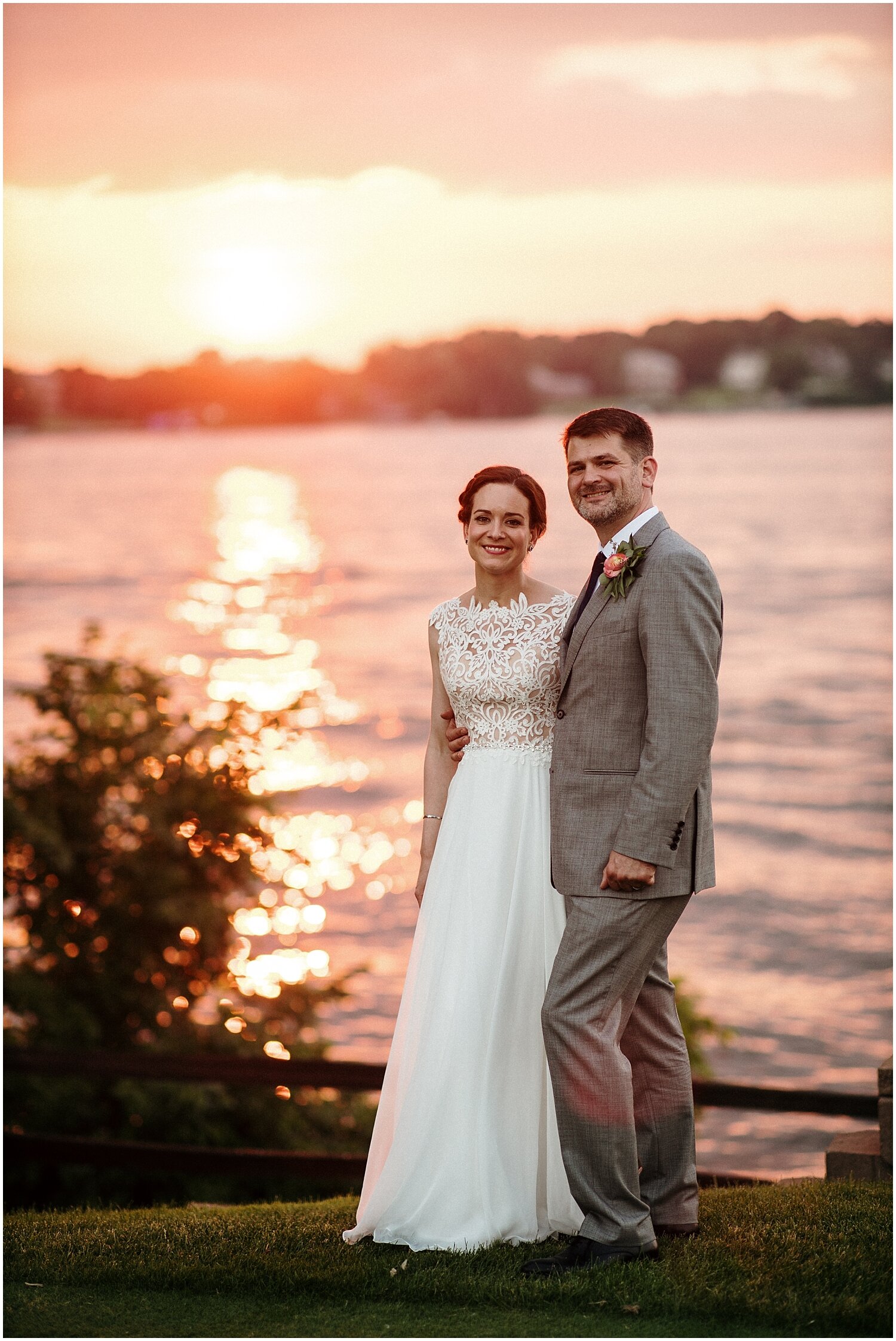  bride and groom during sunset 