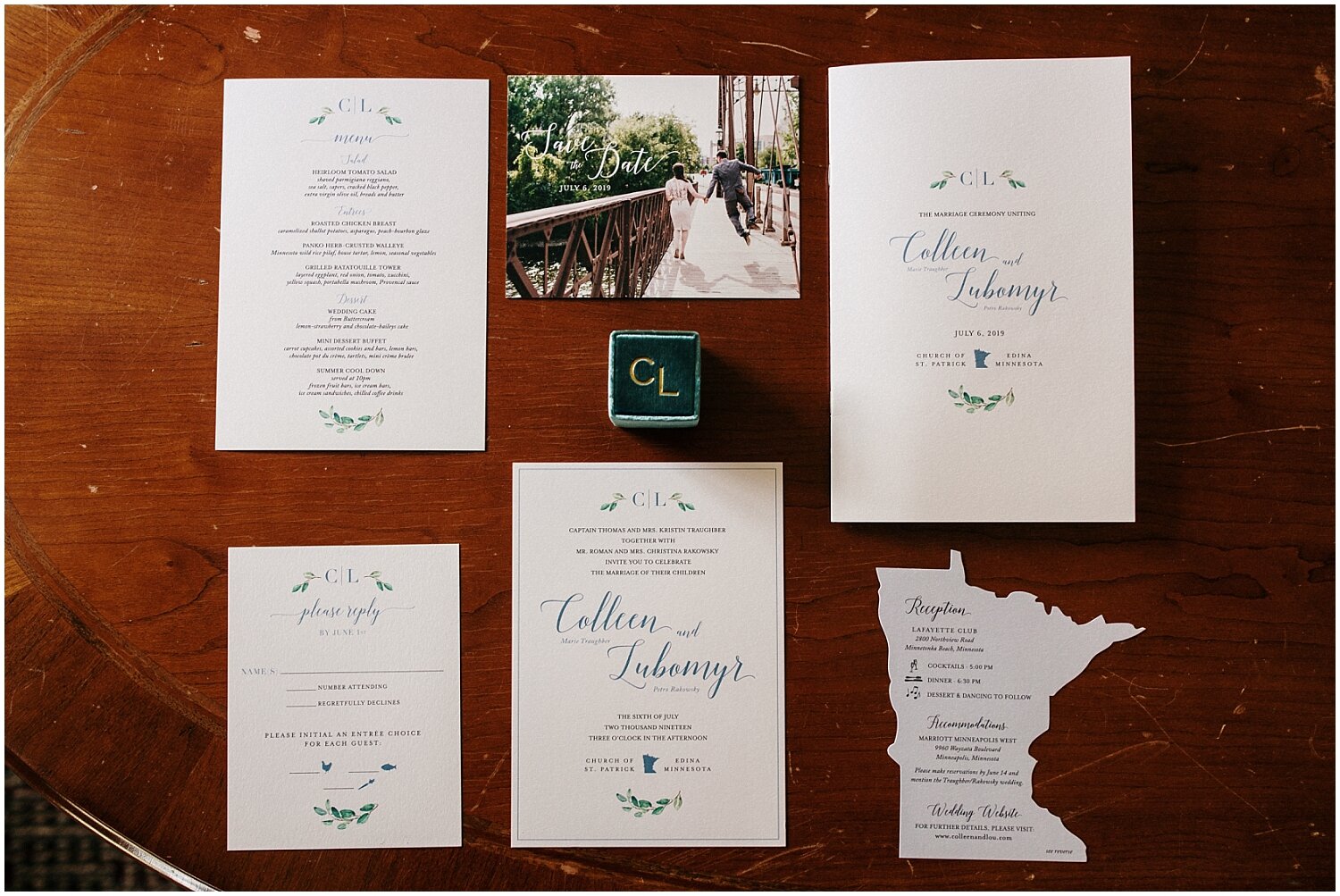 wedding invitations, save the date, and menu