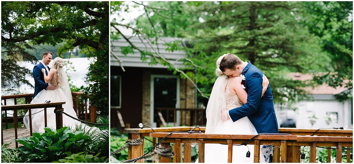  bride and groom hug during their first look in Minnesota 