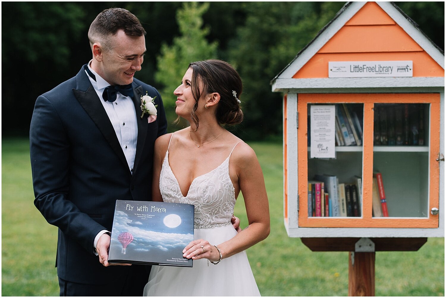  bride and groom at the Hutton House little library 