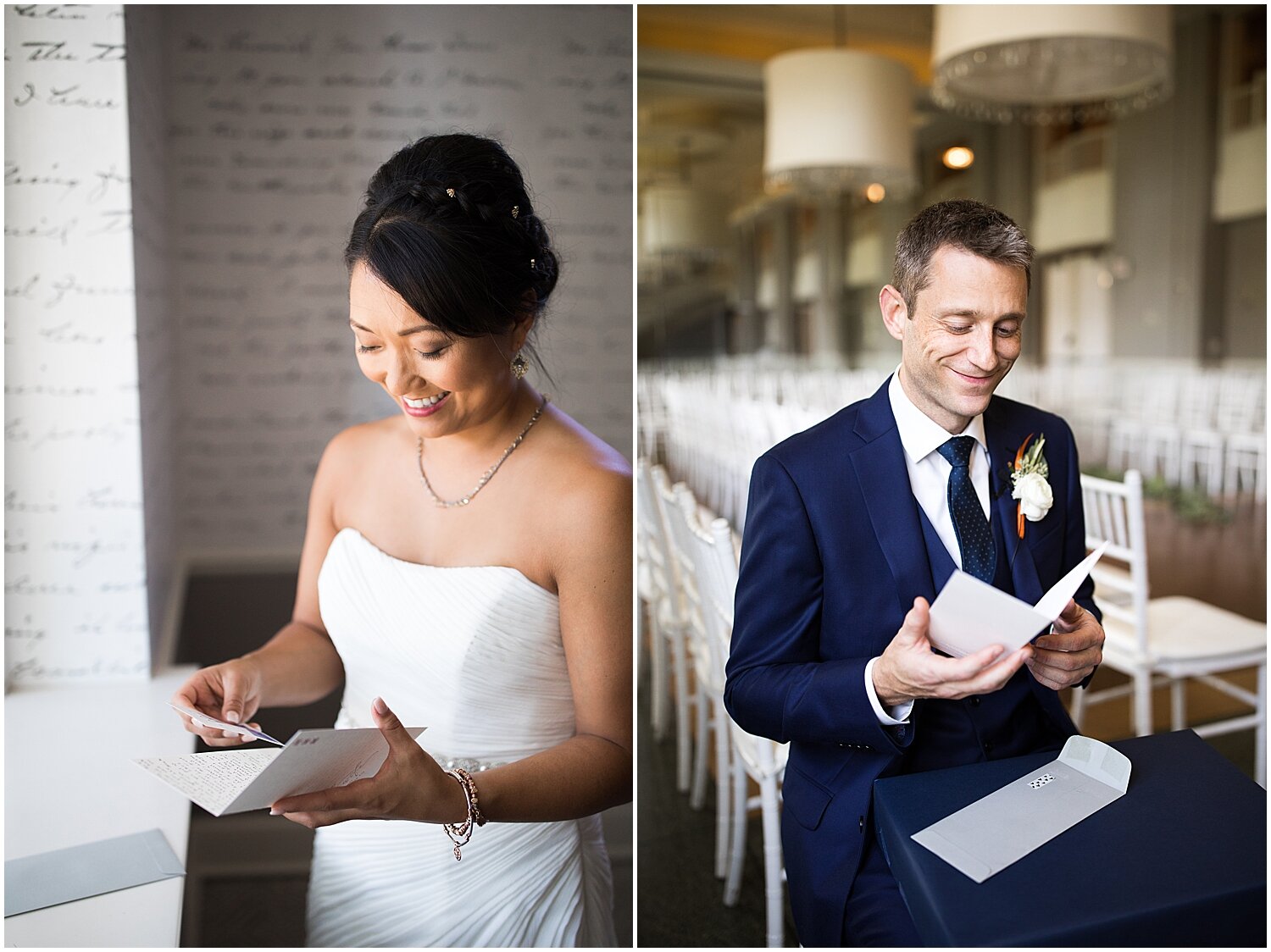  bride and groom reading each other’s letters 