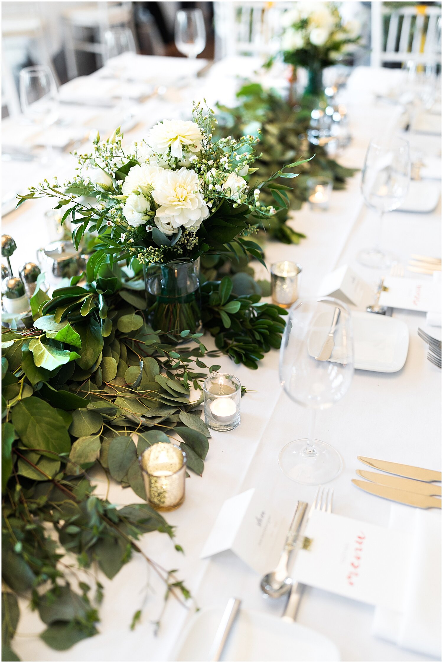  long greenery wedding centerpiece and gold tablescape 