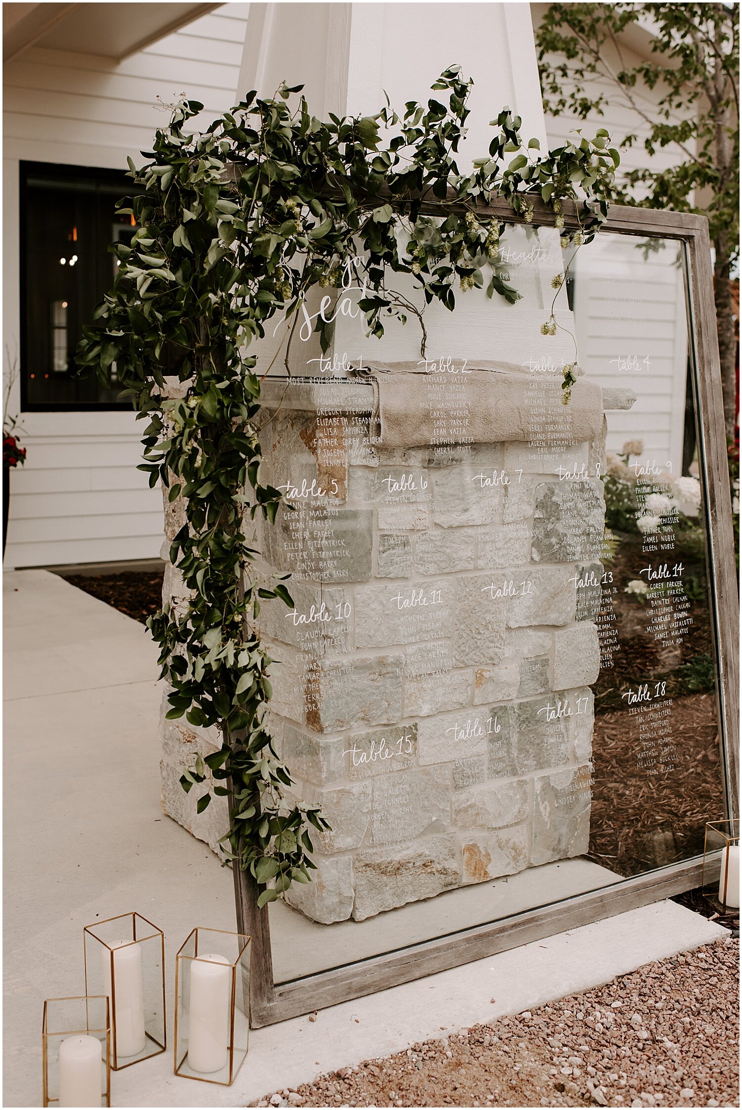  large clear seating chart with greenery decor 