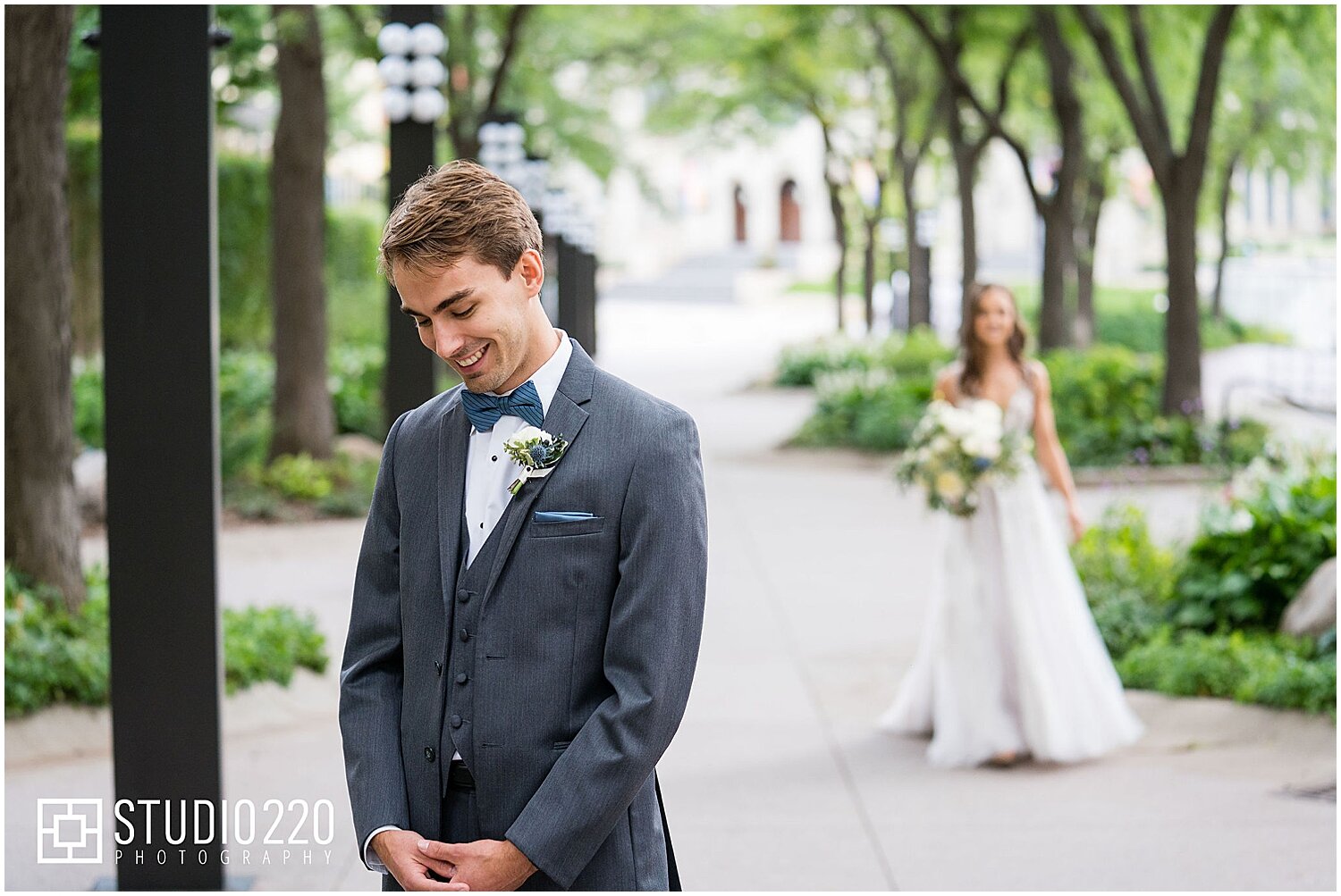  Bride and groom’s first look before their wedding ceremony  