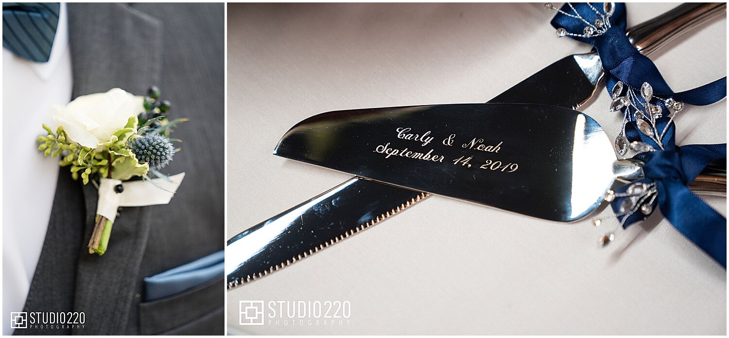  groom’s white boutonniere and cake knife engraved 