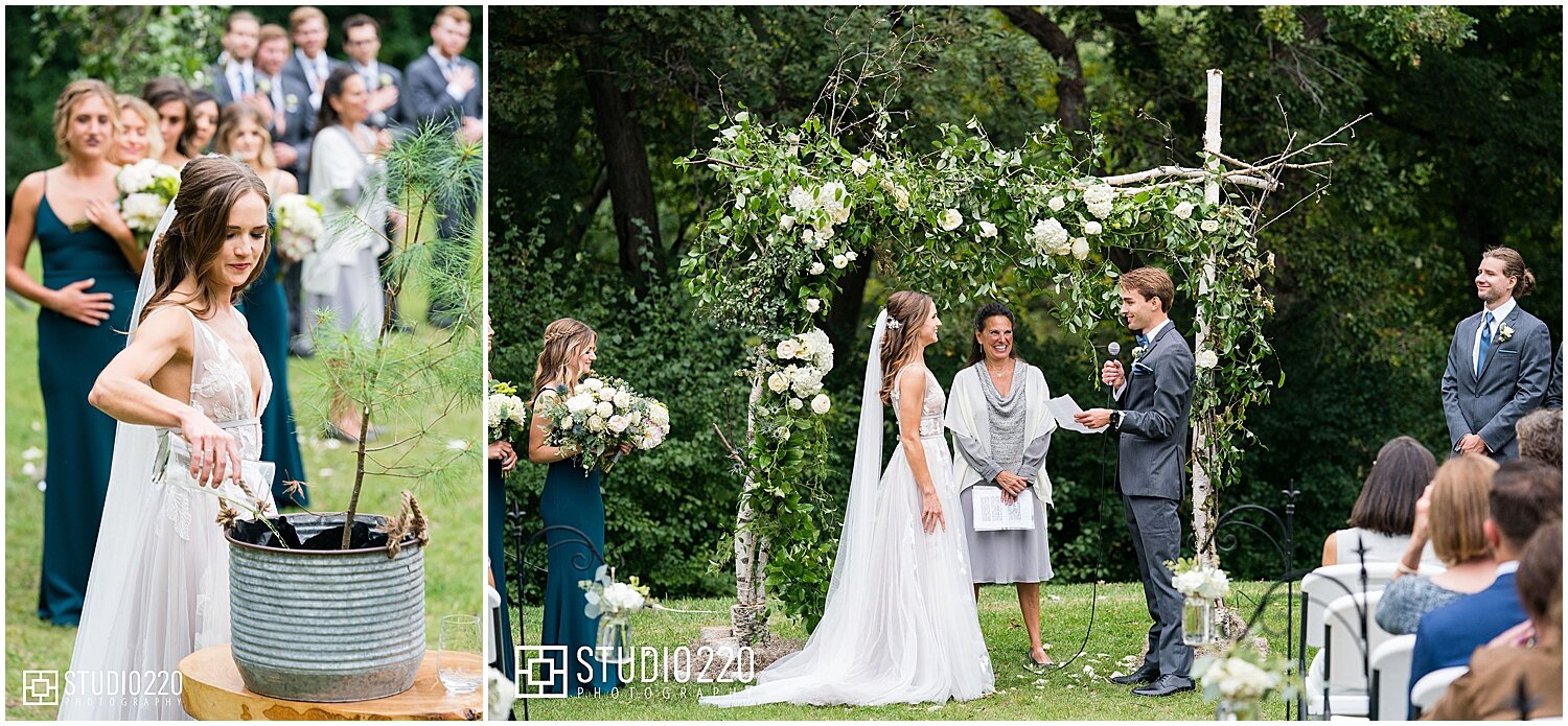  bride and groom during their outdoor  wedding ceremony 