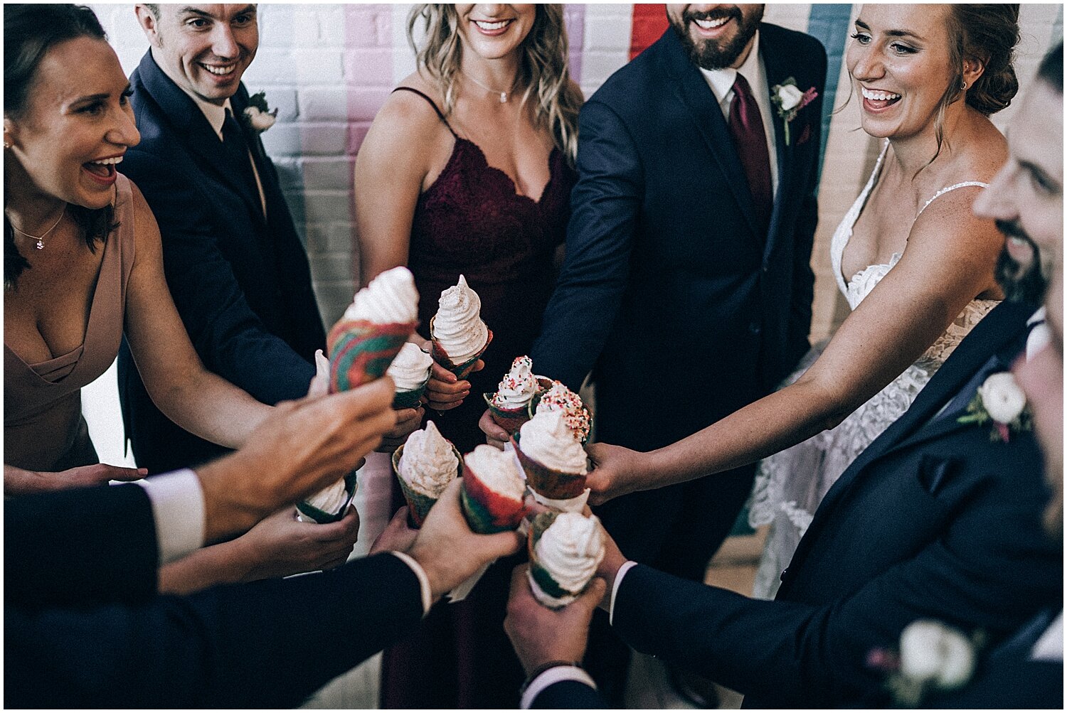  bridal party eating ice cream before the wedding ceremony 