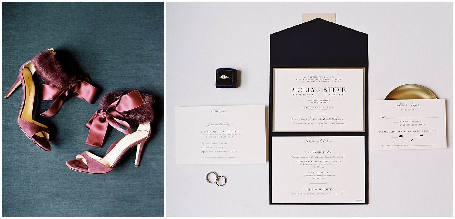  bride’s wedding shoes and wedding invitation lay out 