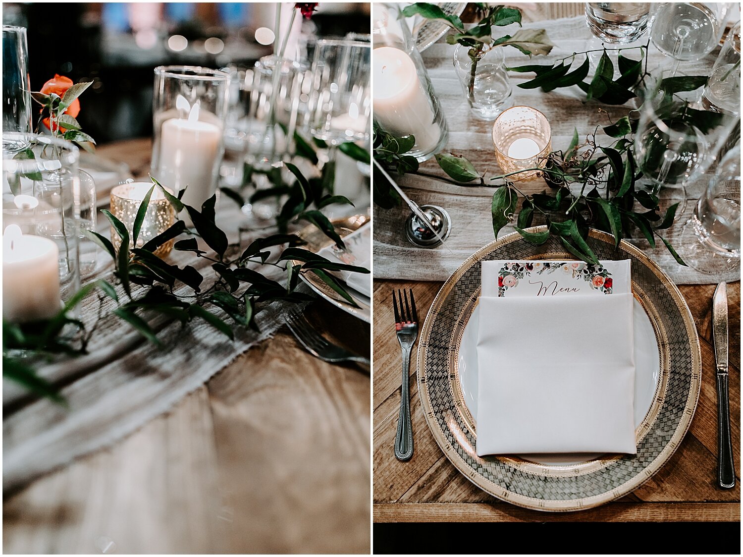  table setting with greenery and candles 