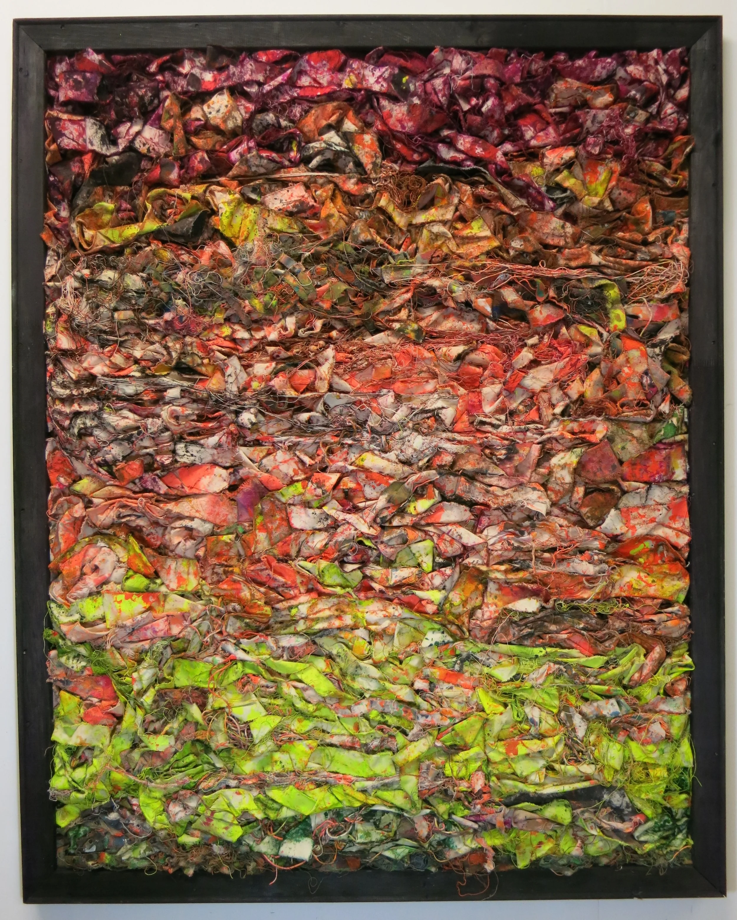 Acid Tagliatelle. Alkyd resin, acrylic, ink, dye, watercolour, canvas, cotton, polypropylene, hessian and wood. 150 x 120 cm. Proof Gallery, London 2017.