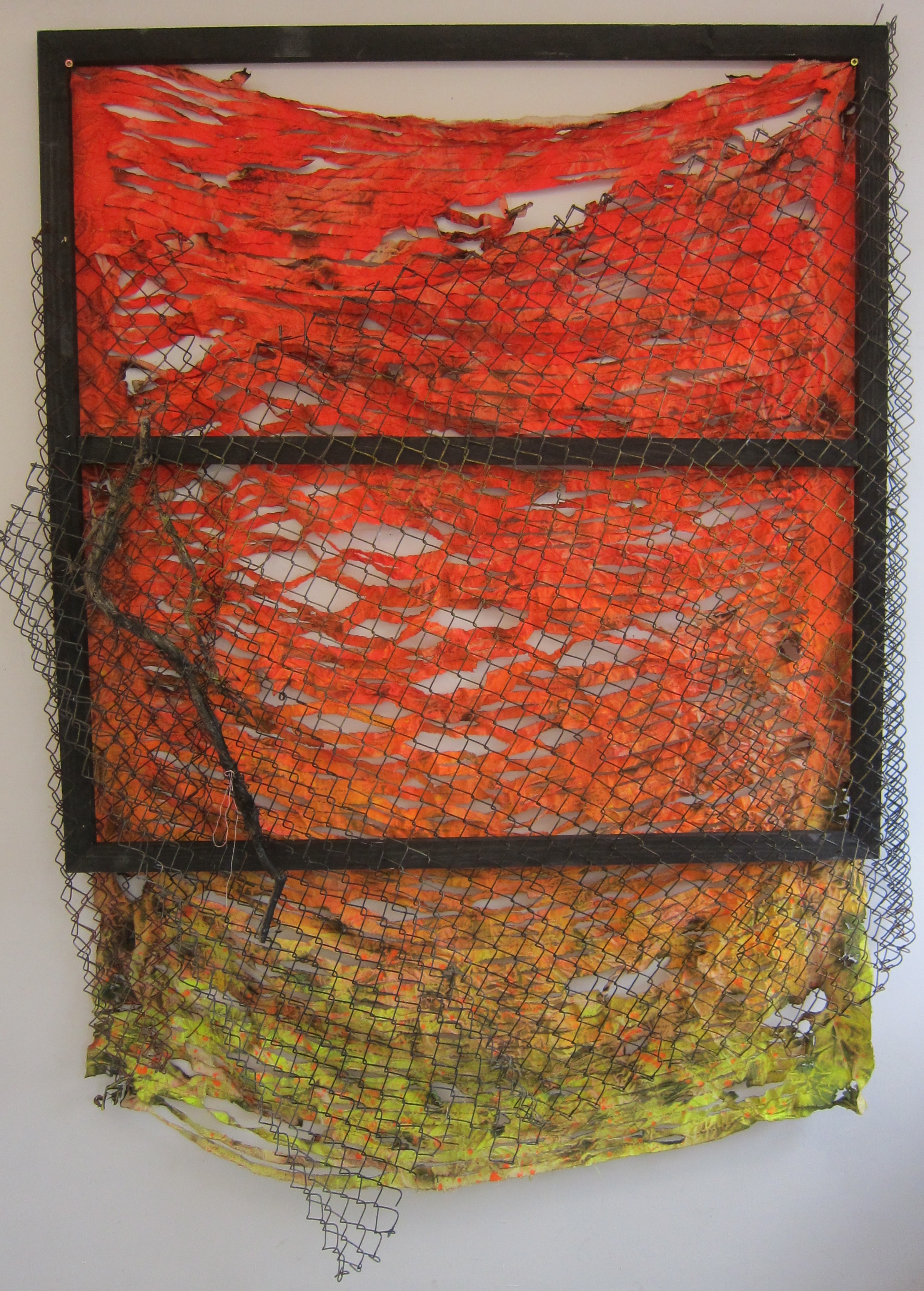   Drapes.   Resin, tree, fence, wood &amp; shredded canvas.  200 x 130 cm.   Out of Sight  at Proof Gallery,&nbsp;London 2016. 