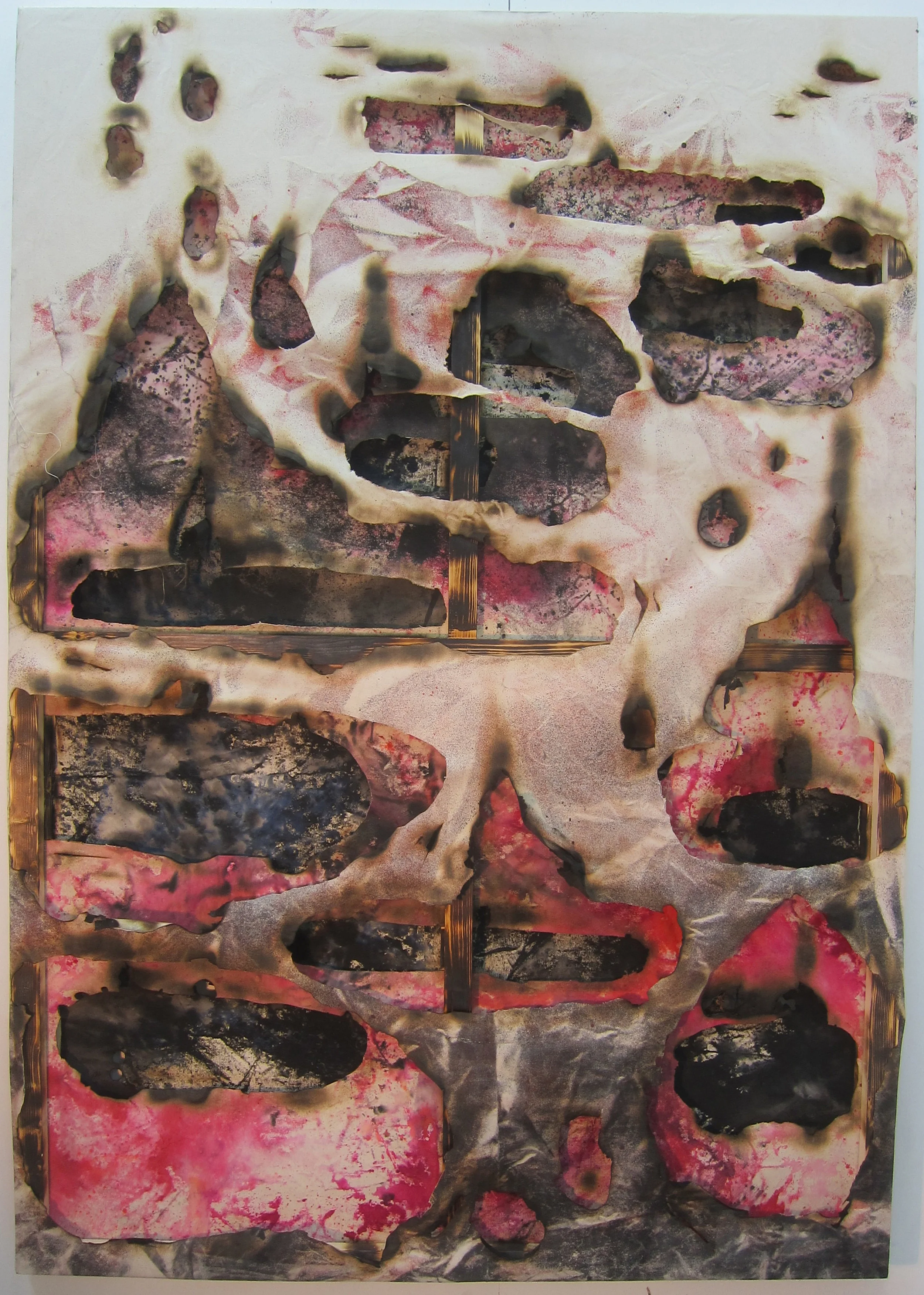Post-Human Lasagne. Alkyd resin, ink, water colour, bleach, fire and cotton. 200 x 140 x 9 cm. 2015. 