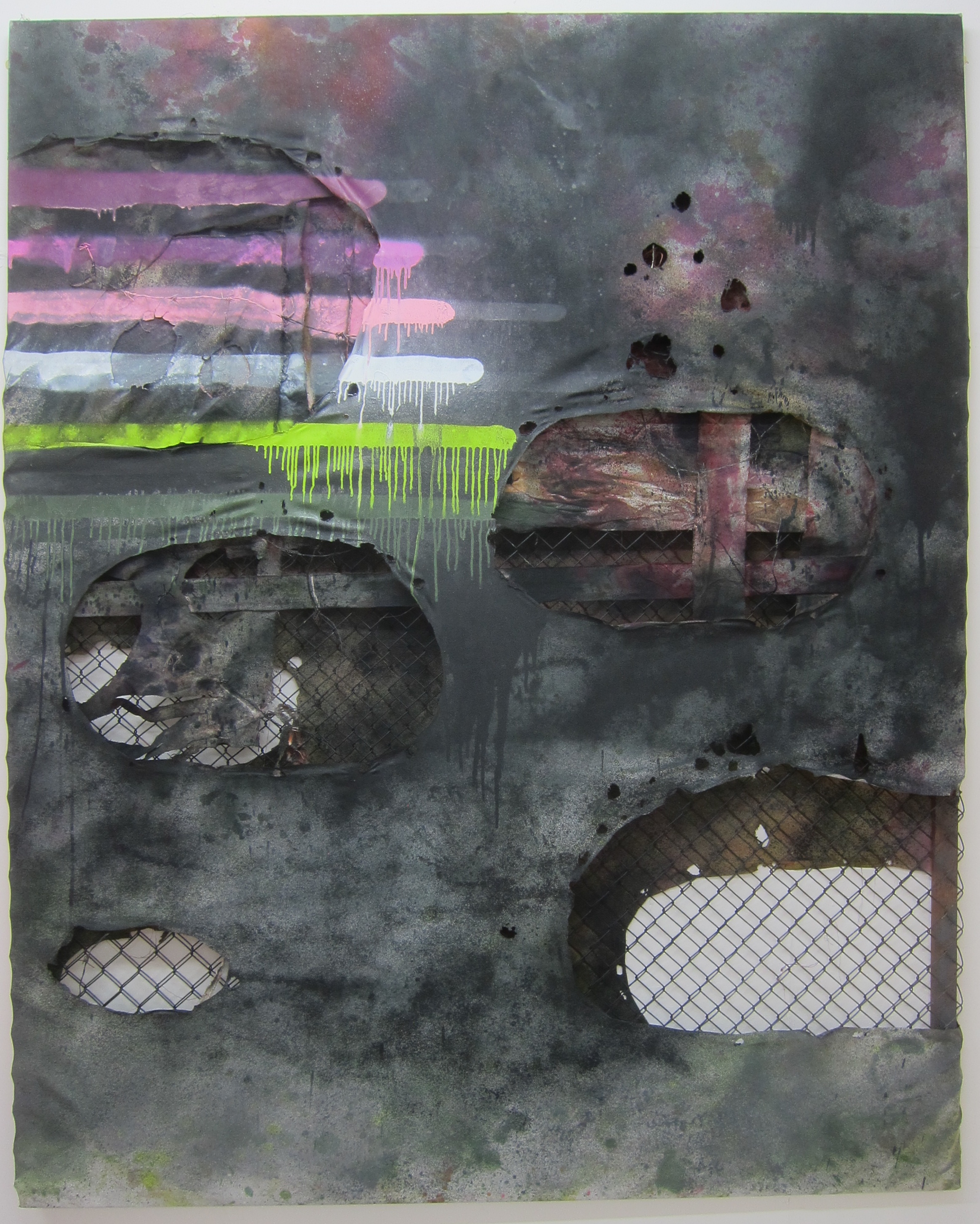   Provisional Condition of Dystopic Surrender.   Alkyd resin, ink, watercolour, fence, barbed wire, burnt polyester &amp; canvas.  250 x 200 cm.  2016.&nbsp; 