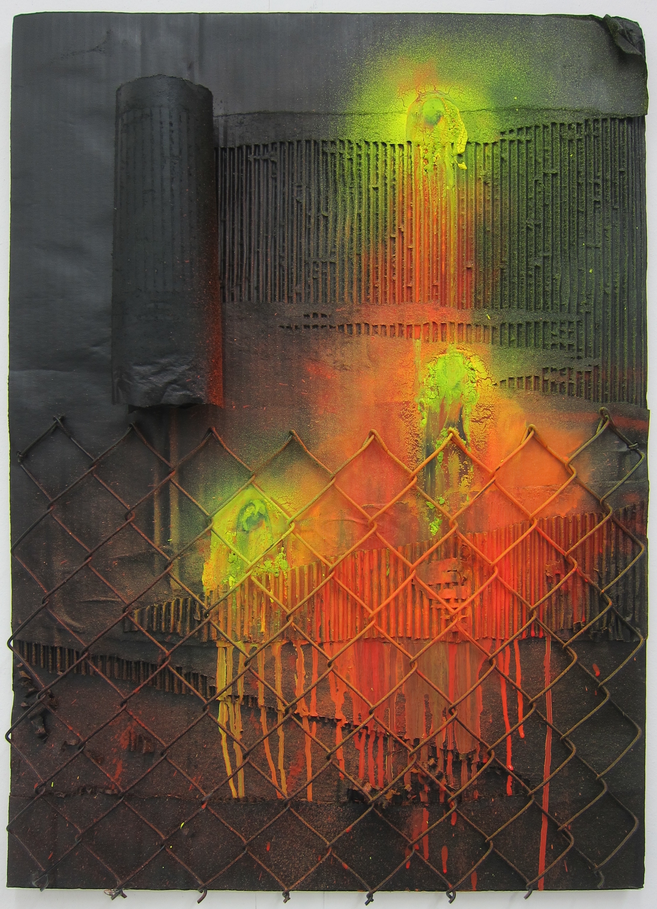   Fluro Fetish.   Cardboard, alkyd resin &amp; fence. &nbsp;  80 x 58 cm.  2015. 