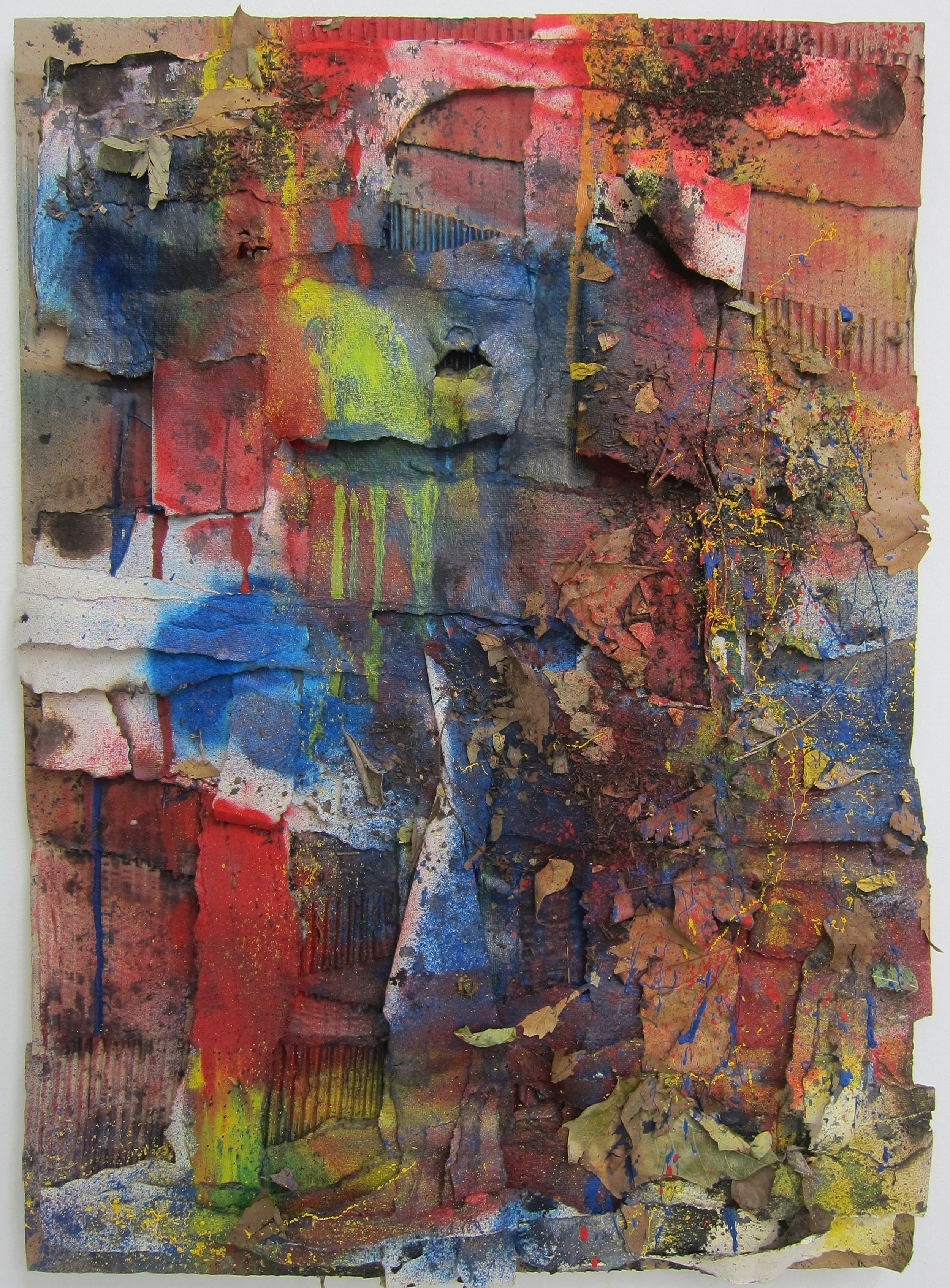   Detrimental Discourse.   Cardboard, paper, acrylic ink, bleach, alkyd resin, leaves, fire and water.&nbsp;  &nbsp;80 x 58 cm.  2015. 