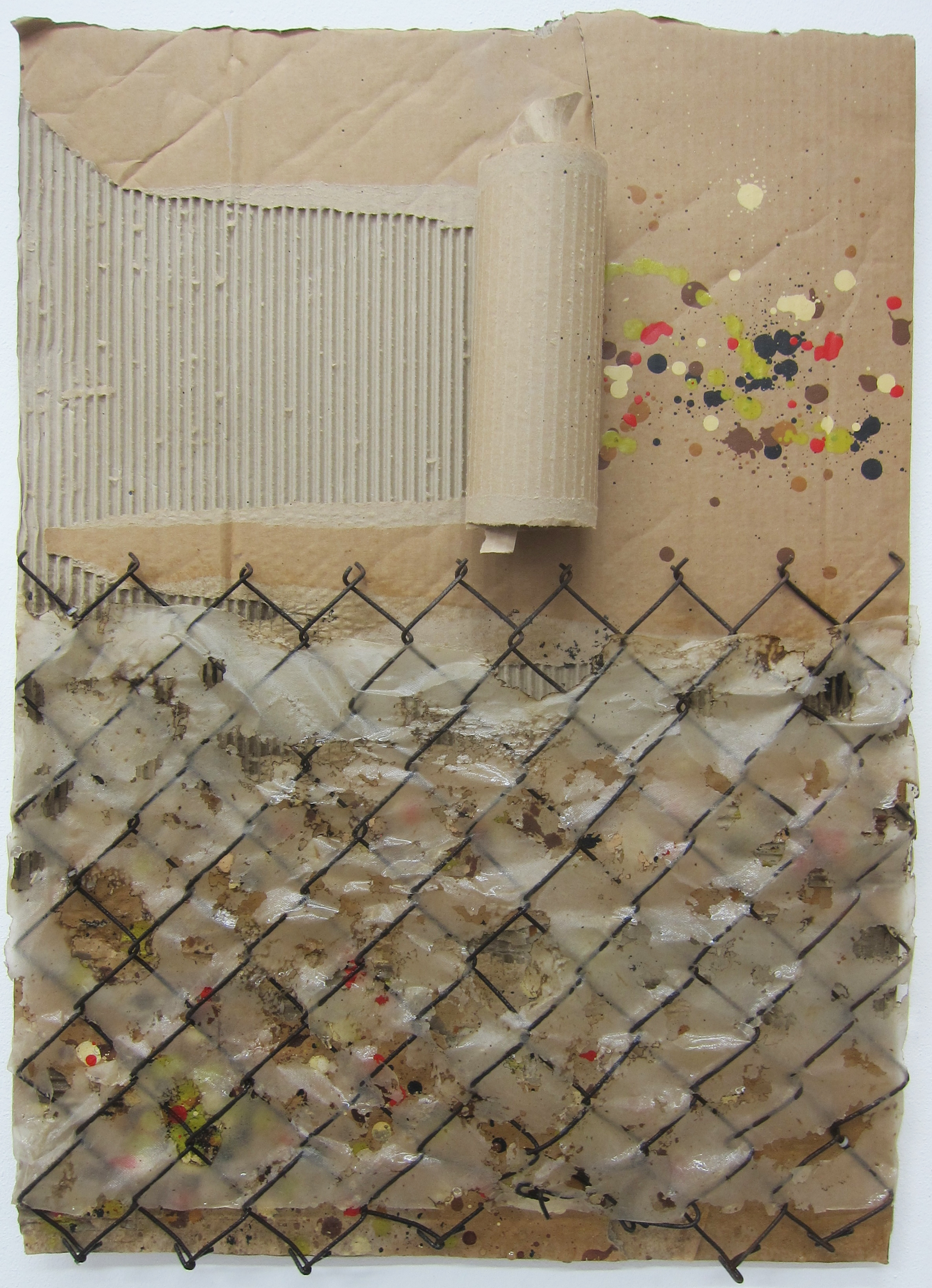   Air Speckle (R).&nbsp;   Cardboard, fence, paper,&nbsp;alkyd resin, fire and water.&nbsp;  80 x 58 cm.  2015. 