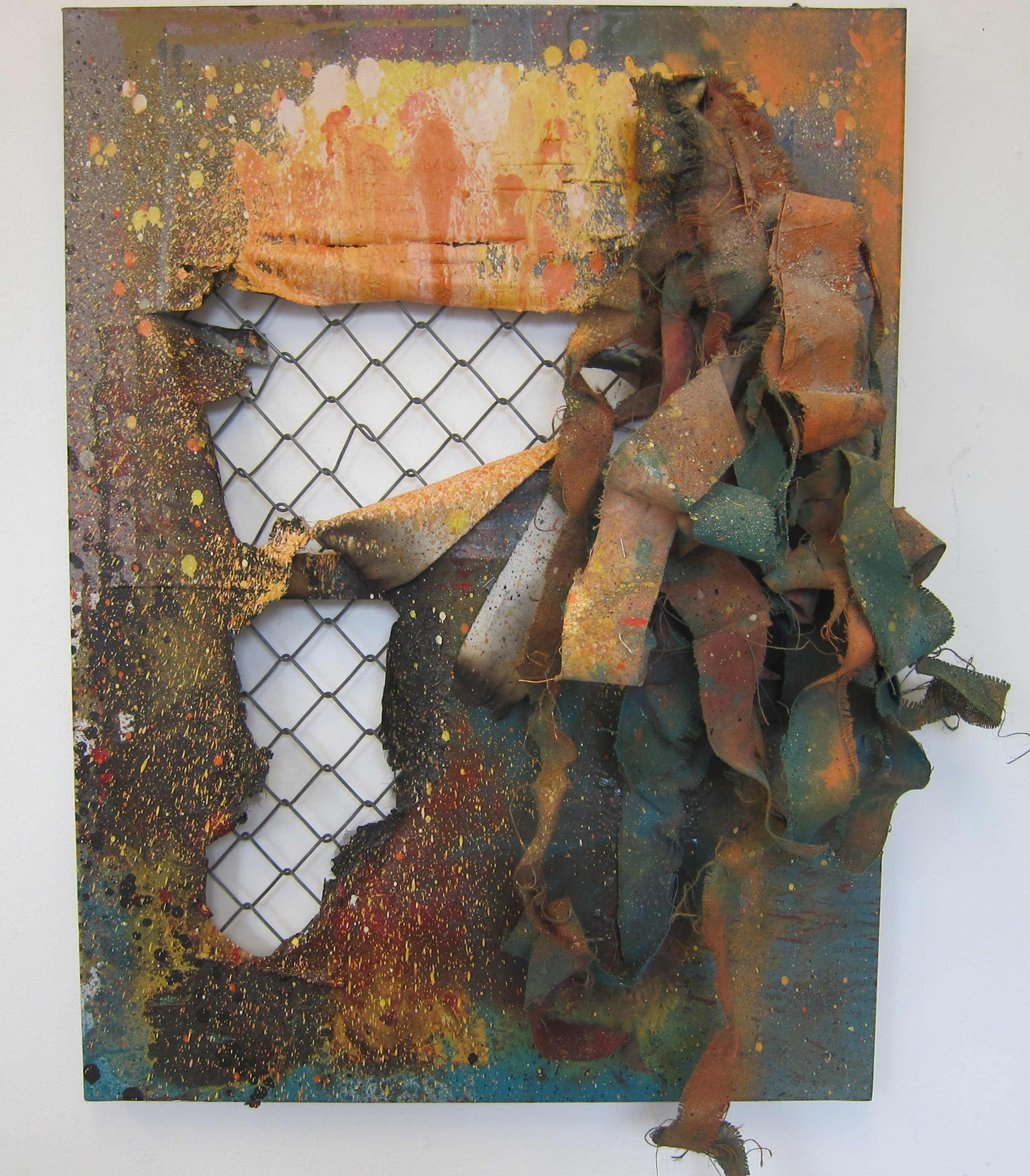   Institutionalised  .   Oil paint, alkyd resin, fire, fence and canvas.&nbsp;  80 x 60 cm.  2015. 