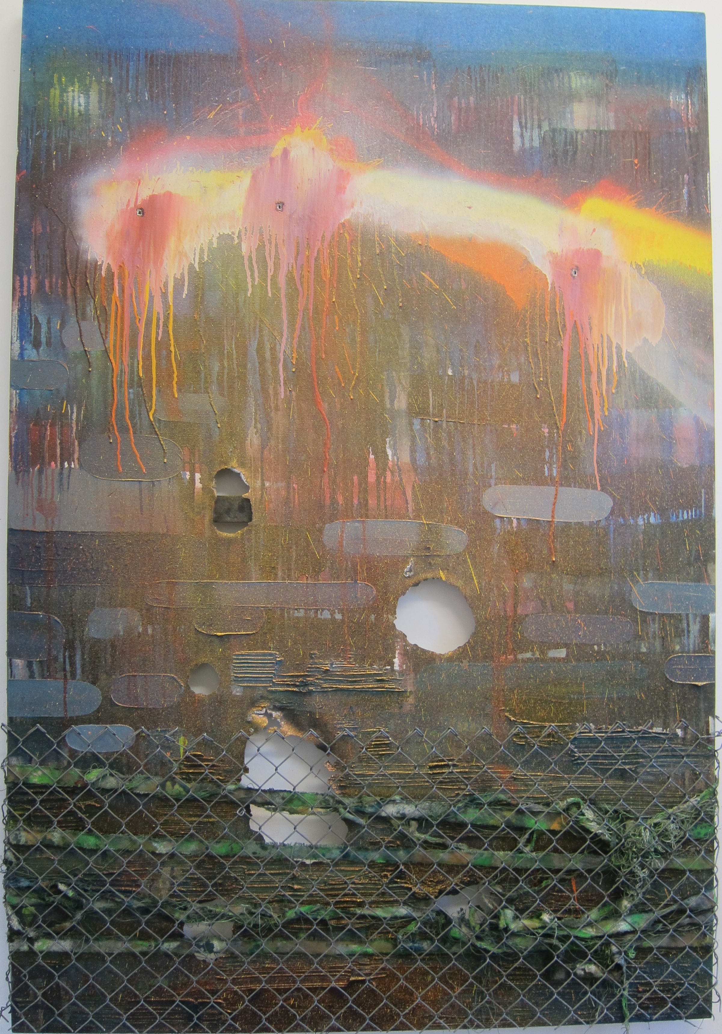   Drunk Guard with a Gun.   Oil, alkyd resin, fire, fence, canvas &amp; shot 3 times with a Marlin Underlever .38 rifle.&nbsp;  170 x 115 cm.&nbsp;  Make Your Mark Gallery, Helsinki, Finland.&nbsp; 