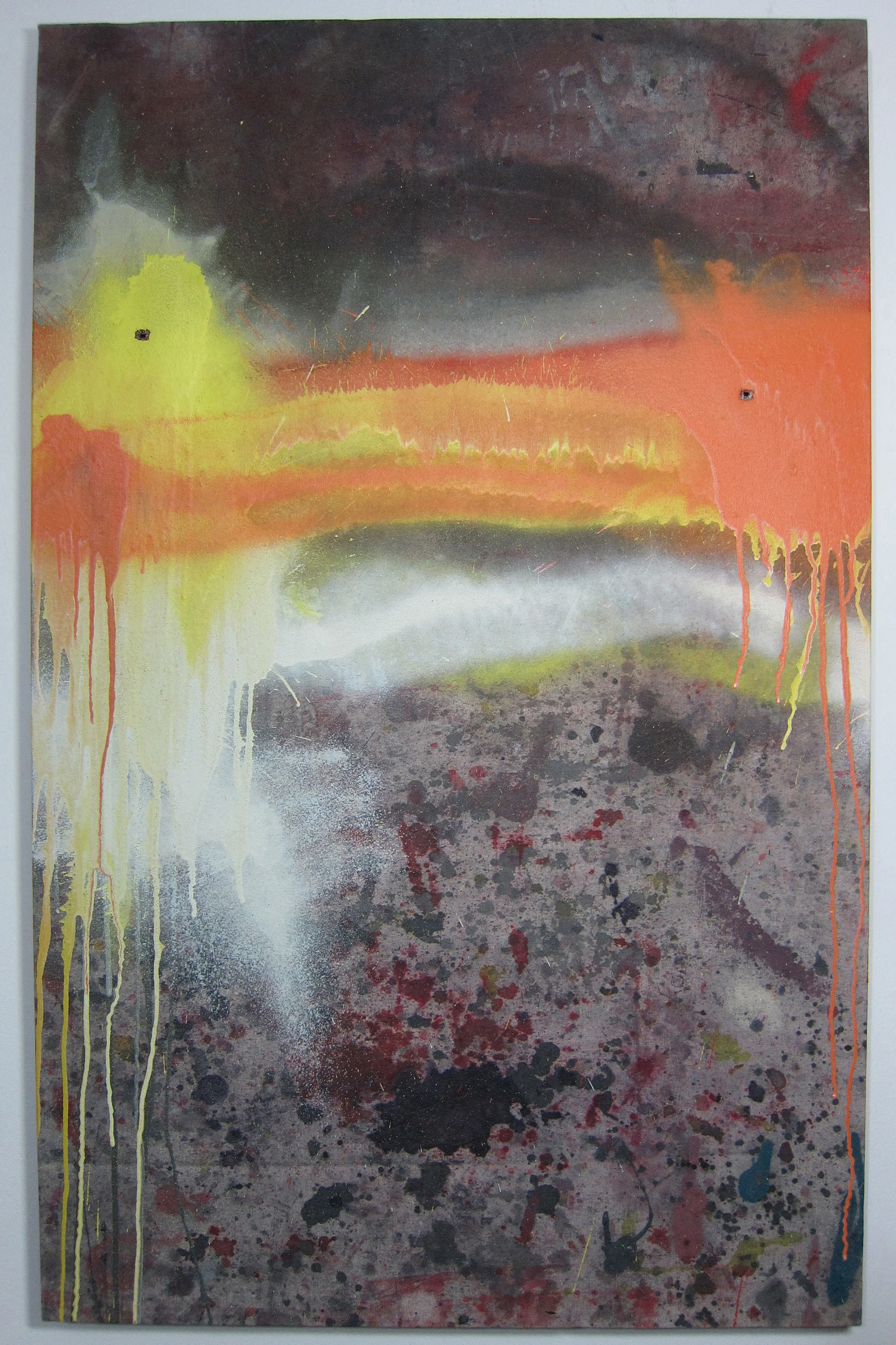 Dysfunctional Dialect. Oil, alkyd resin, ink, water colour, rain, canvas and shot twice with a Marlin Underlever .38 rifle. 110 x 70 cm. 2015.