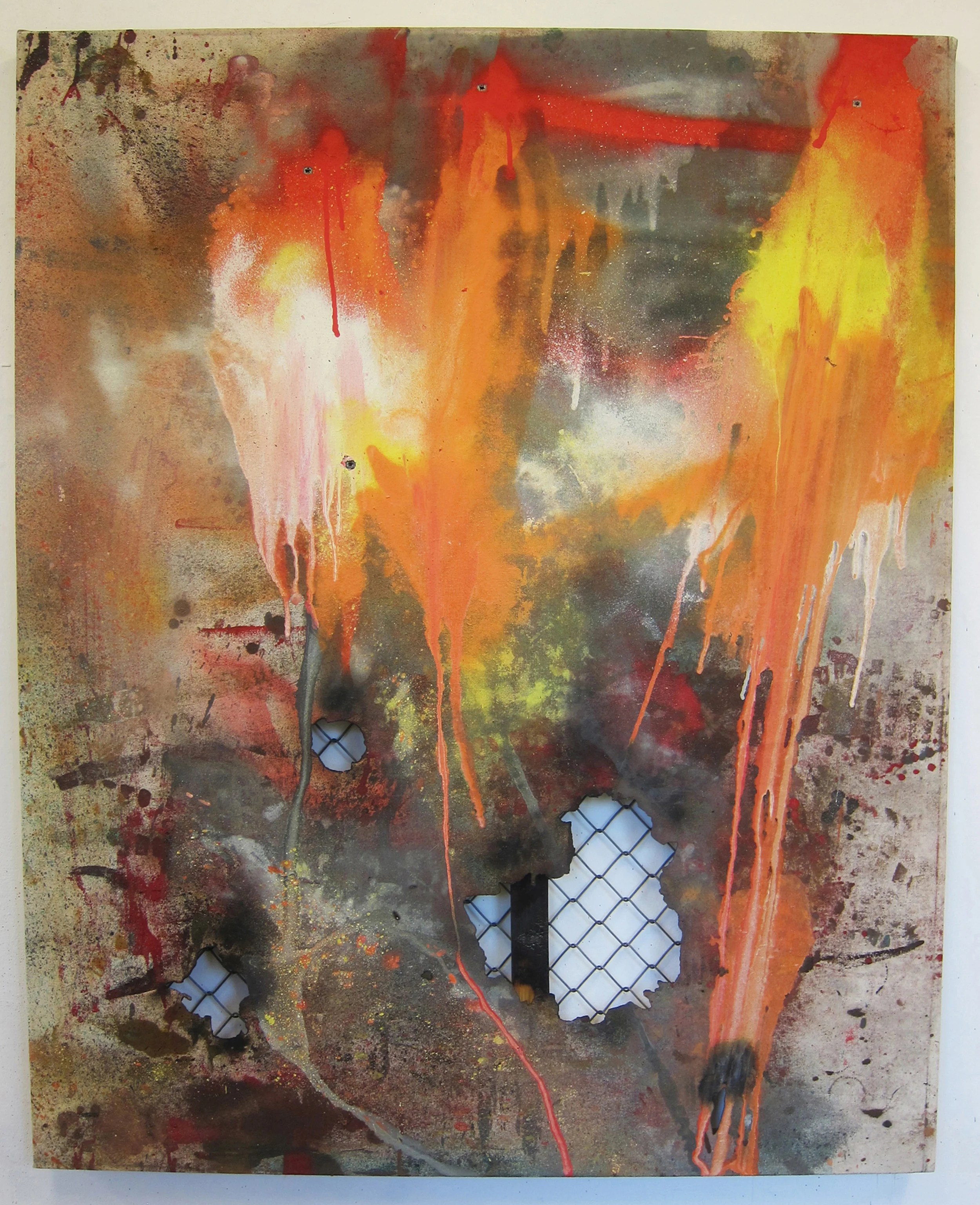 Vandal Vernacular. Oil, alkyd resin, fire, fence, rain, canvas and shot 4 times with a Marlin Underlever .38 rifle. 130 x 107 cm. Proof Gallery, London 2015.