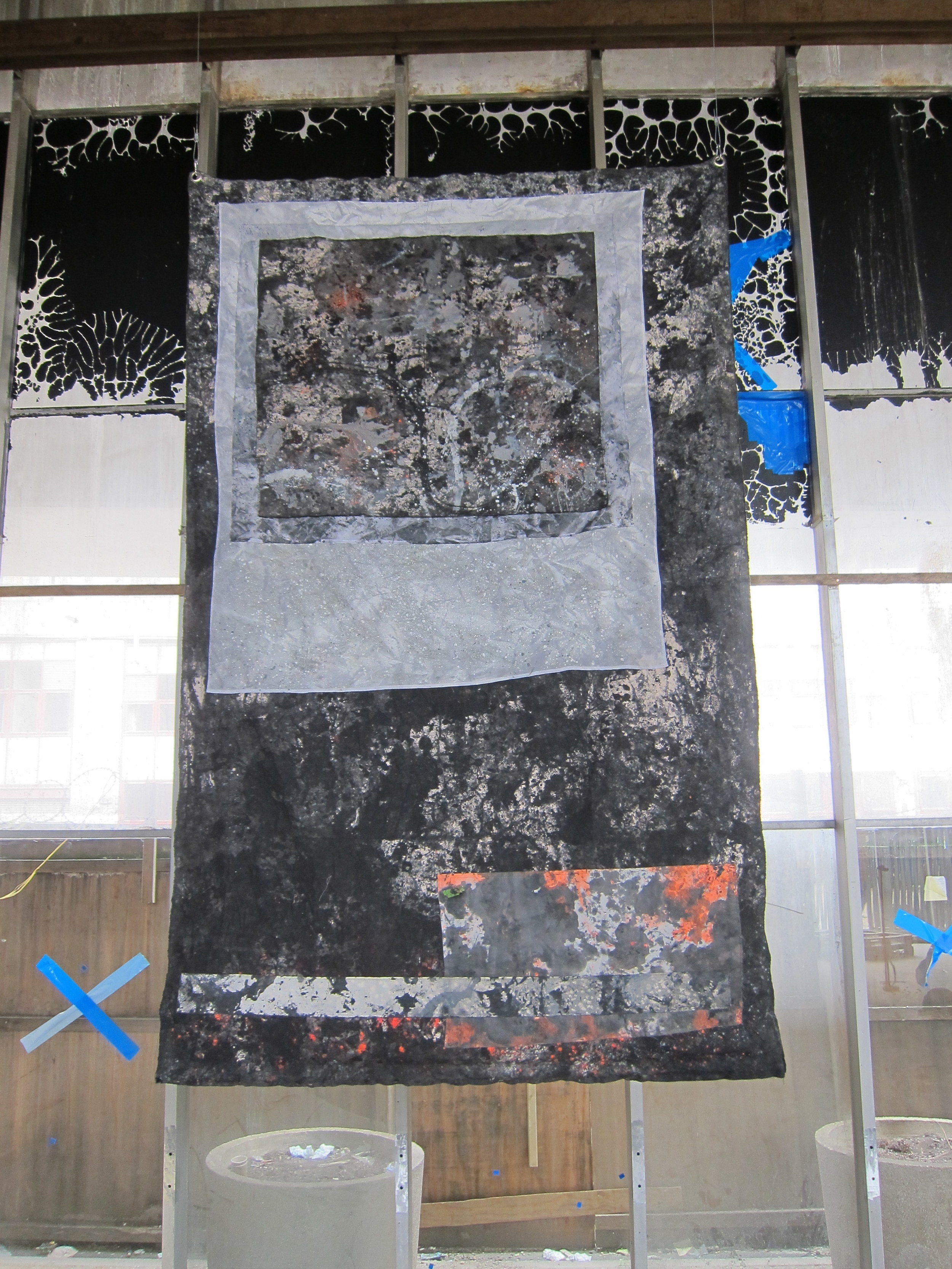   Acid Reign.   Alkyd resin, acrylic, pigment, ink, dye, gravel, polyester, cotton, canvas &amp;&nbsp;plastic debris netting.  300 x 195 cm.    
  
 
  
    
  
 Normal 
 0 
 
 
 
 
 false 
 false 
 false 
 
 EN-US 
 JA 
 X-NONE 
 
  
  
  
  
  
  
