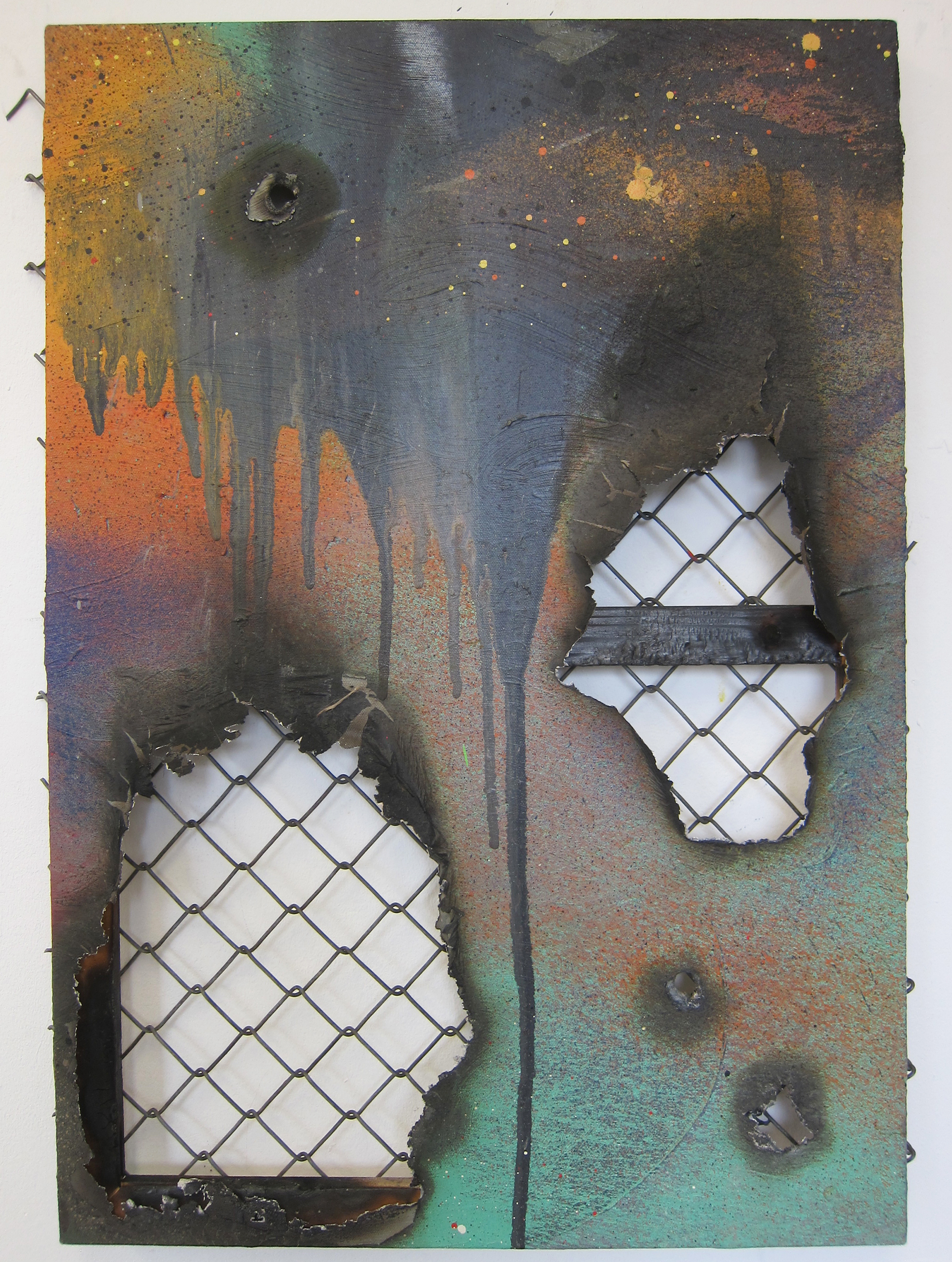   Bumpkin Zoo 001.   Alkyd resin, oil, fire, fence, and canvas.&nbsp;  76 x 50 cm.&nbsp;  2015. 