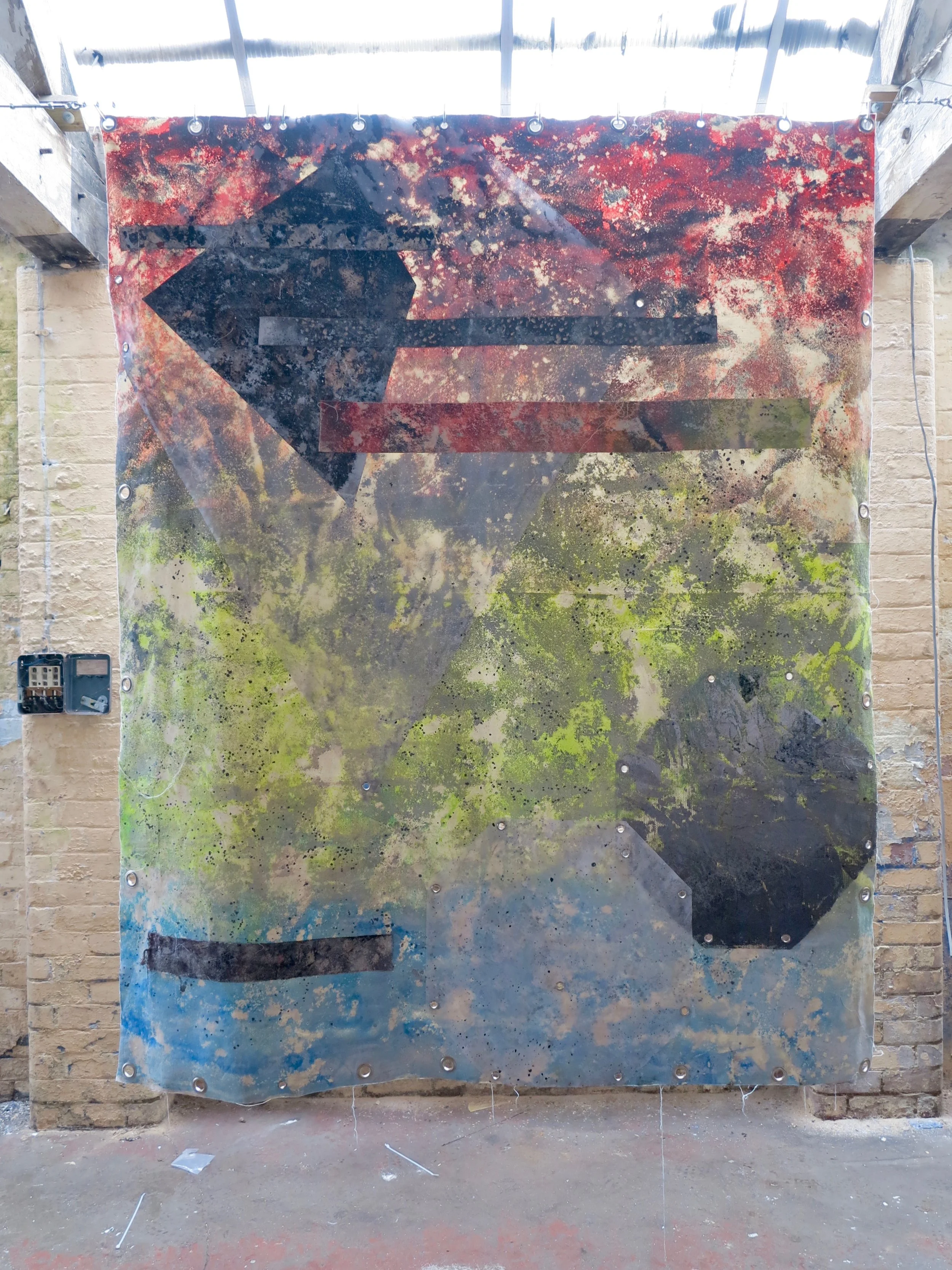 Weird Science (A Side). Sand, spray paint, acrylic, polyester, cotton and eyelets. 250 x 200 cm. Hack Morecambe, Morecambe 2018.