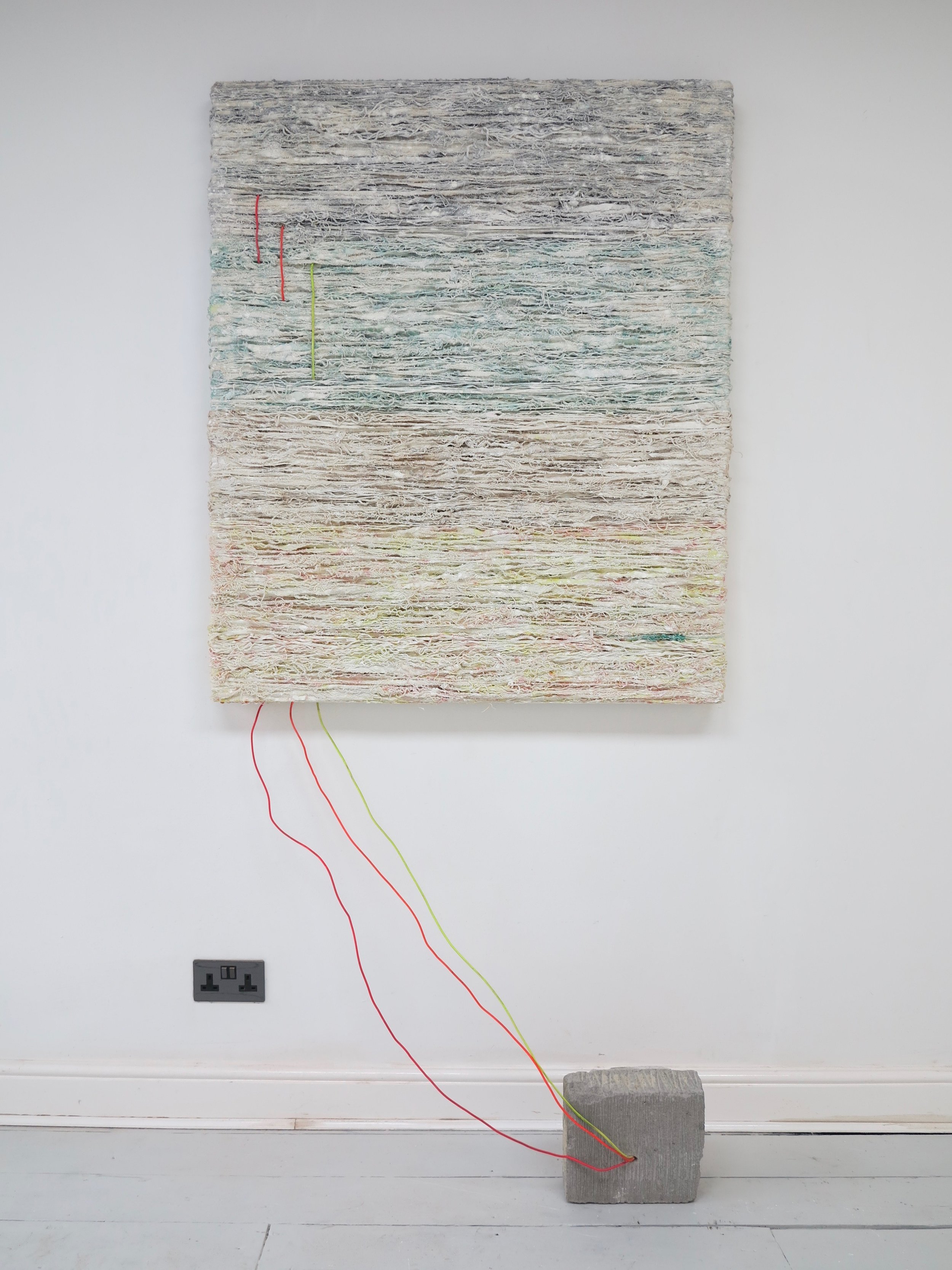   Wired.   Alkyd Resin, acrylic, raw pigment, varnish, PVA, plastic, electrical wire, concrete and cotton.  Dimensions variable.   Hack Morecambe  @ Gas Contemporary, Morecambe 2018. 