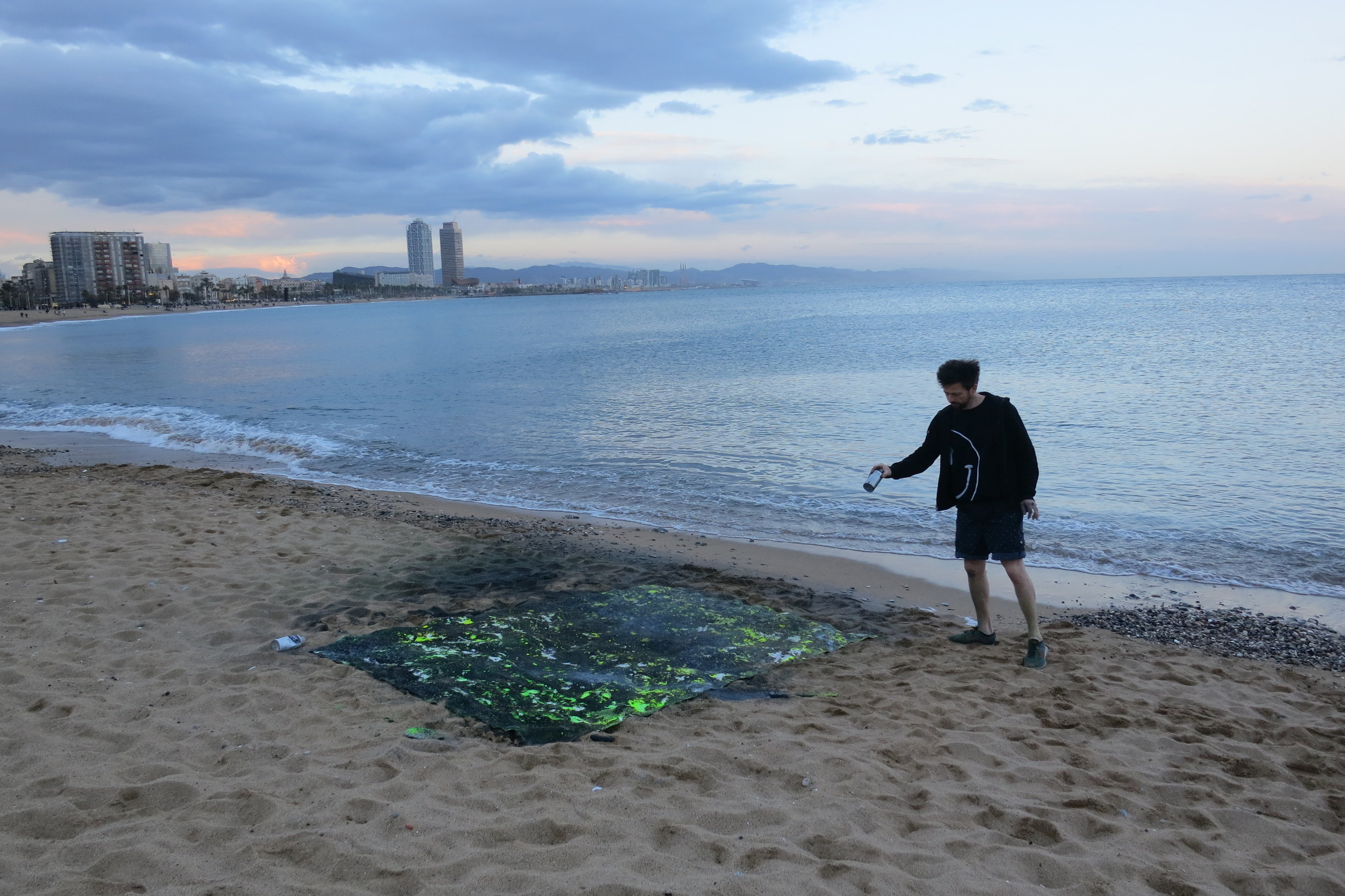  Sand and nail bomb painting for the  Moral Minimalism  solo exhibition.  Playa Barceloneta, Barcelona, Spain 2018. 