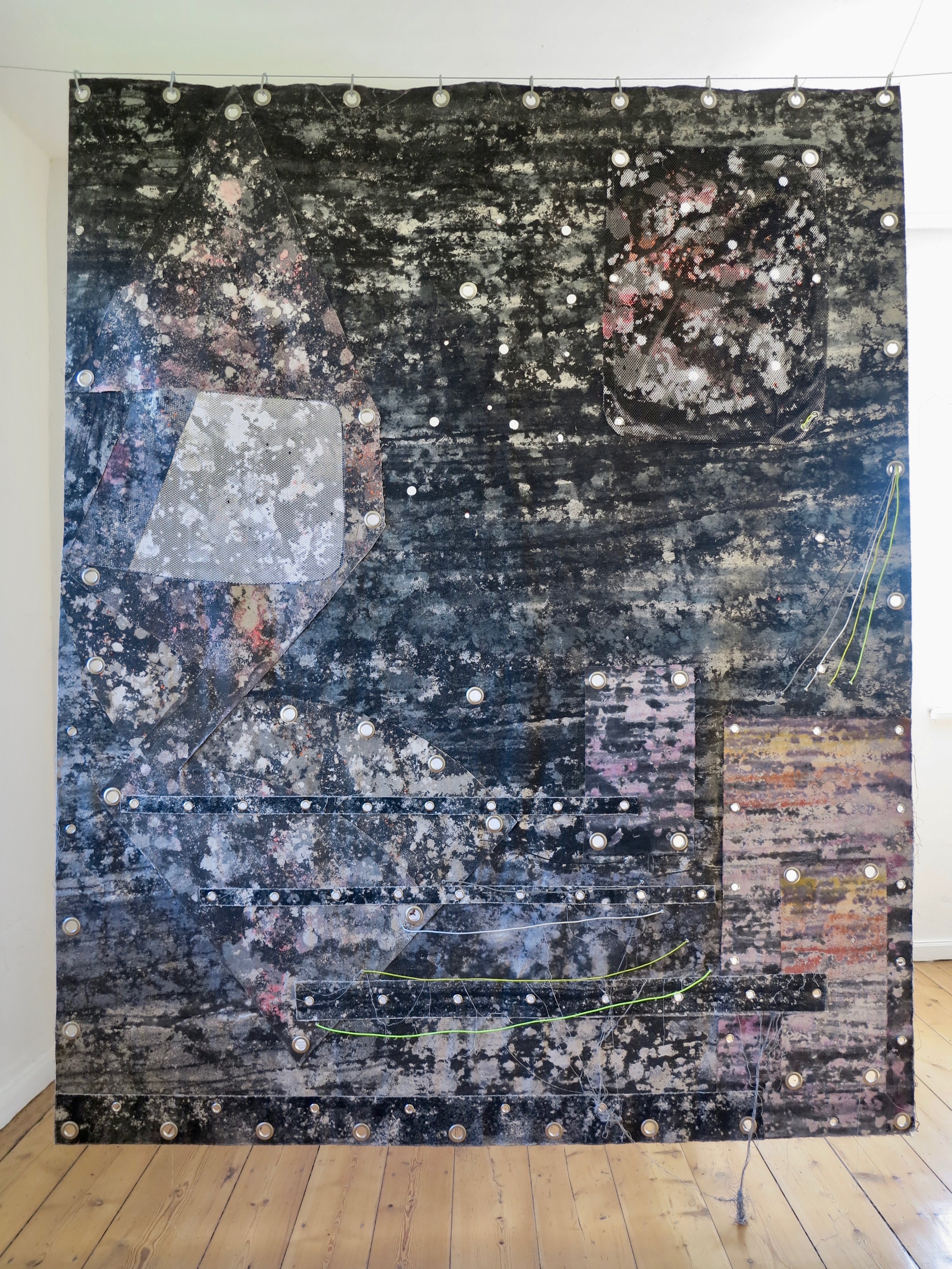   Loco Motif (A Side).   Alkyd resin, acrylic, sand, brass, rubber, polyester, polyethylene, canvas and steel.  Double sided / 266 x 213 cm.   Heterotopic Tourism  @ Lab Kalkhorst, Germany 2019. 