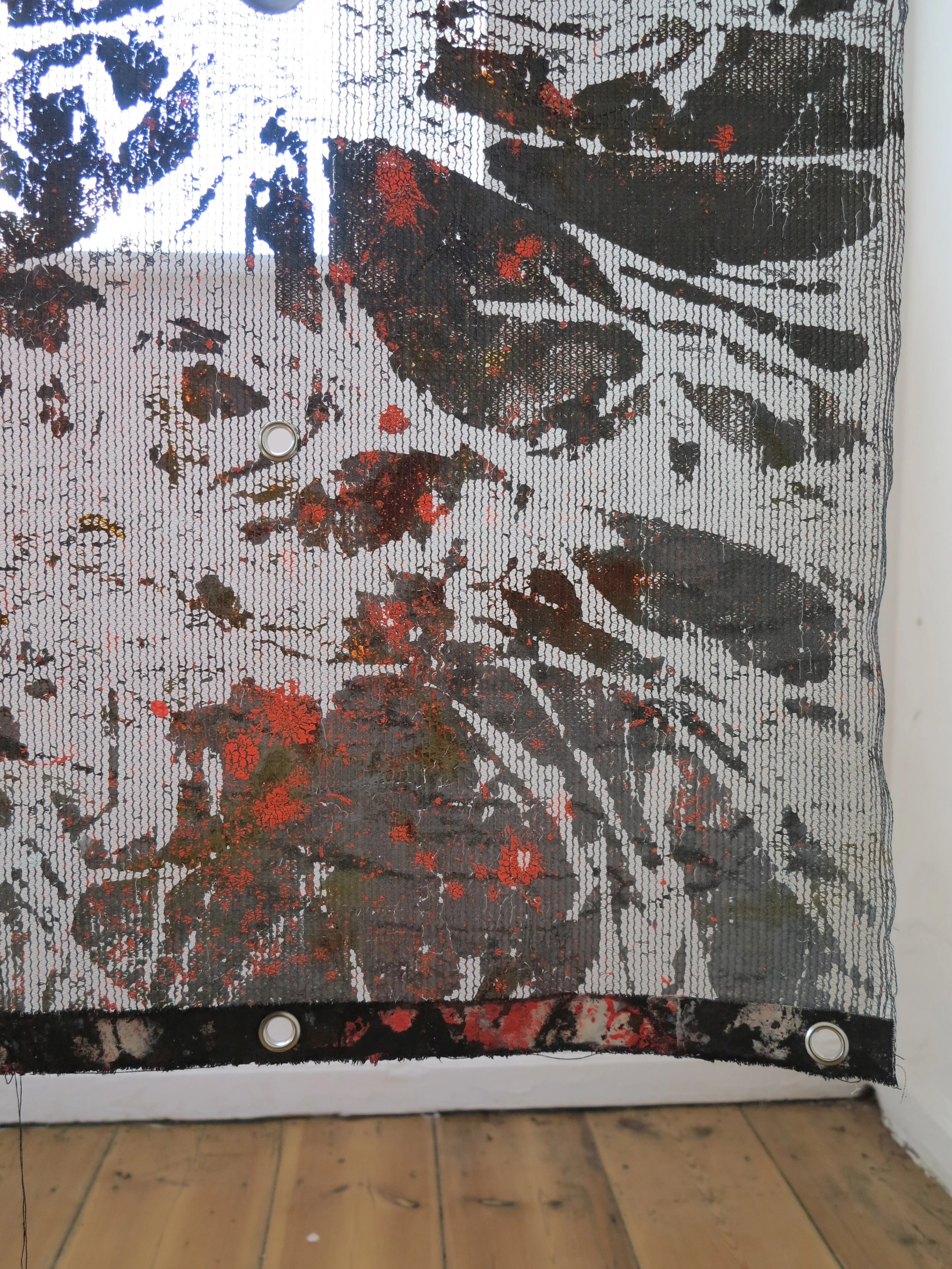 Darth Punq (detail). Acrylic, alkyd resin, brass, rubber, polyethylene, polyester, cotton and steel. Double sided / 252 x 196 cm. Heterotopic Tourism @ Lab Kalkhorst, Germany 2019.