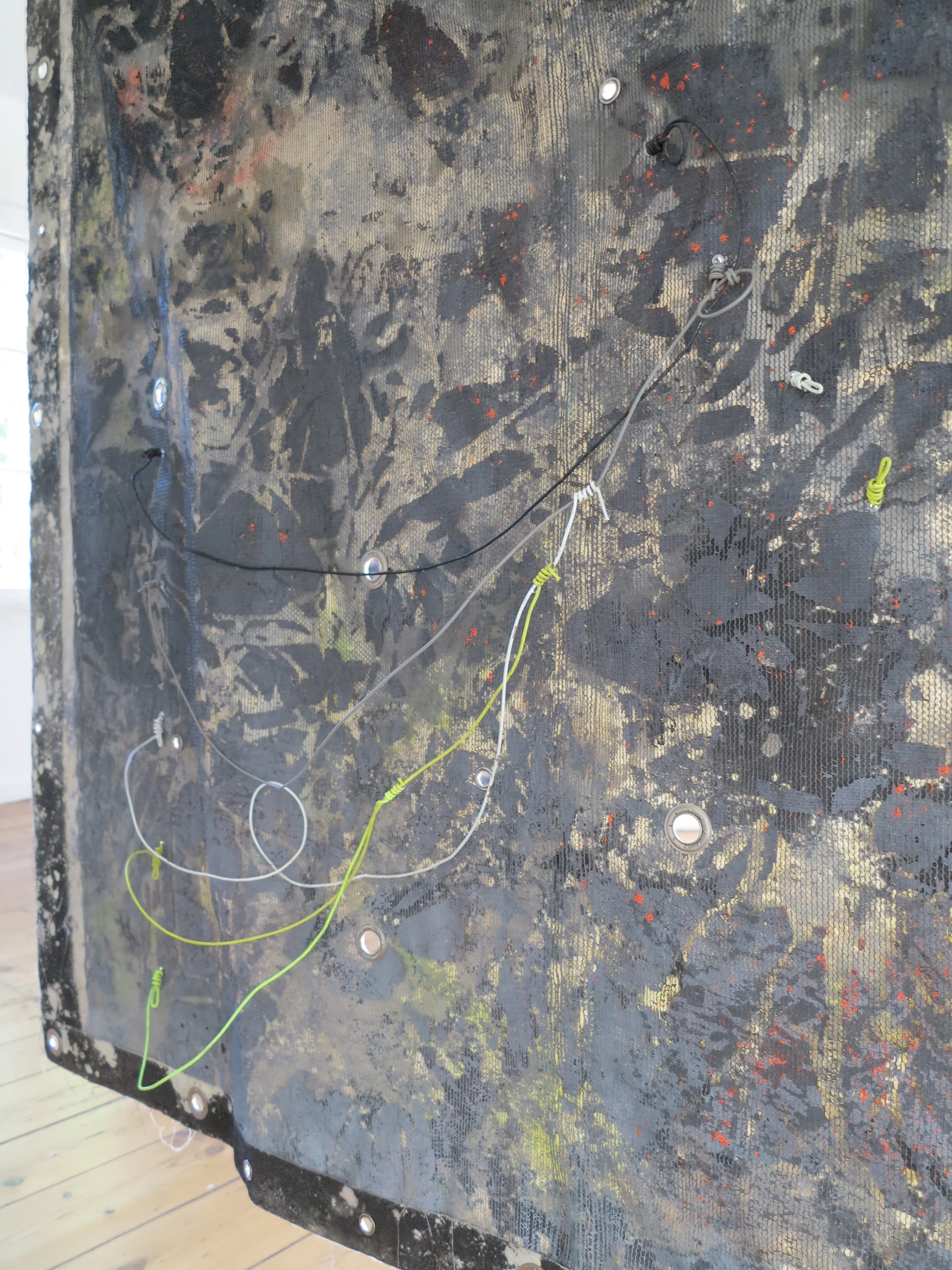 Nike Dyson (B Side detail). Alkyd resin, sand, brass, rubber, polyethylene, canvas and steel. Double sided / 260 x 216 cm. Heterotopic Tourism @ Lab Kalkhorst, Germany 2019.