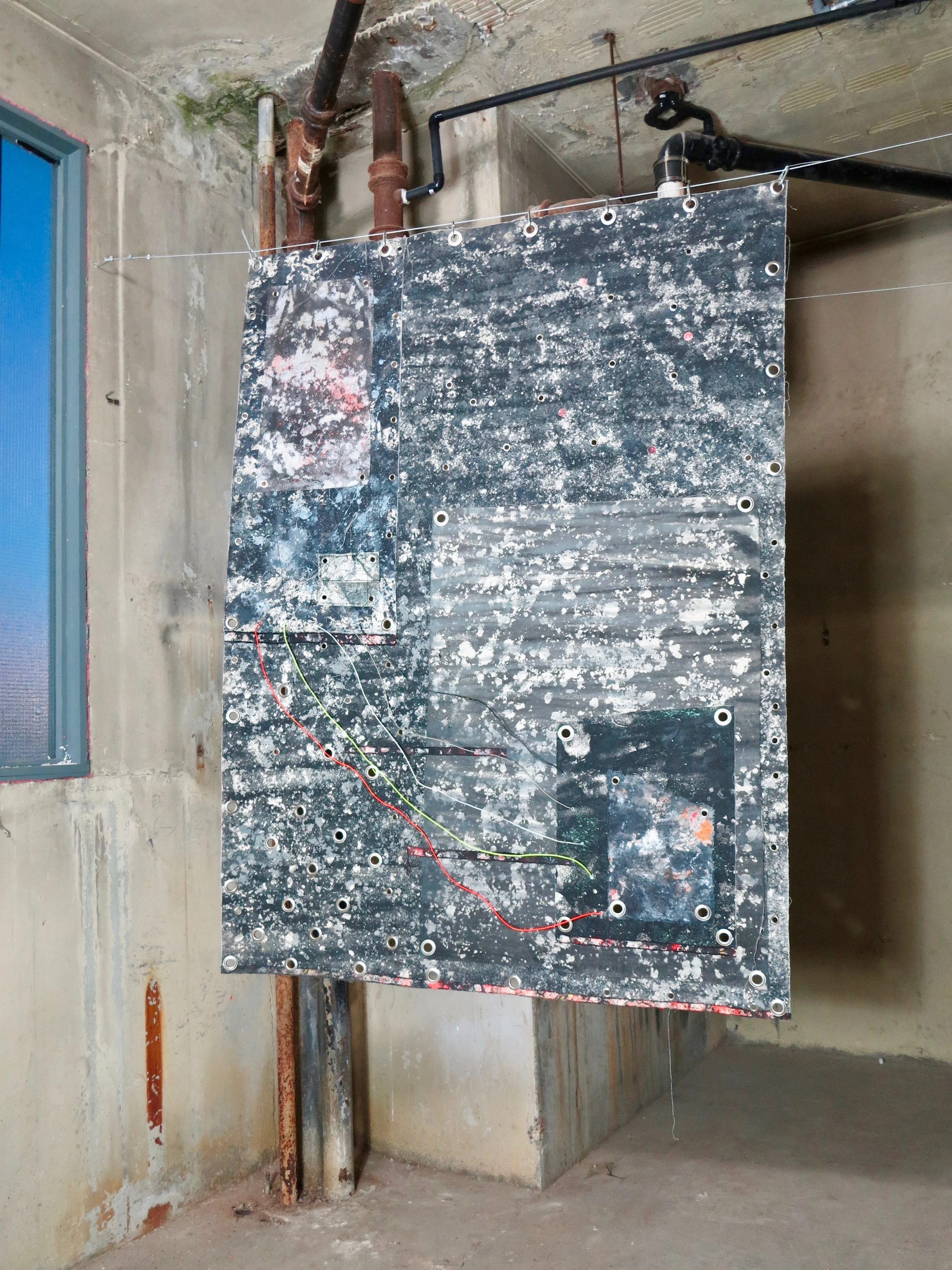 Underground, Overground (Wobbling Free). Spray paint, sand, gravel, polyester, brass, rubber & cotton. 235 x 172 cm. Underground on the Up exhibition @ The Silver Building, London 2019.