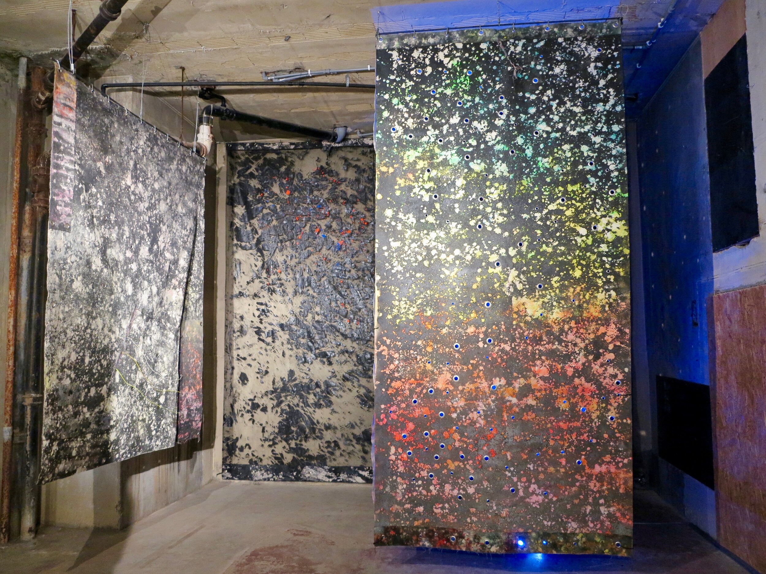   Sugar Mountain  installation view.  Alkyd resin, sand, brass, rubber, polyethylene, canvas and steel.  410 x 480 x 460 cm.  The Silver Building, London 2019. 