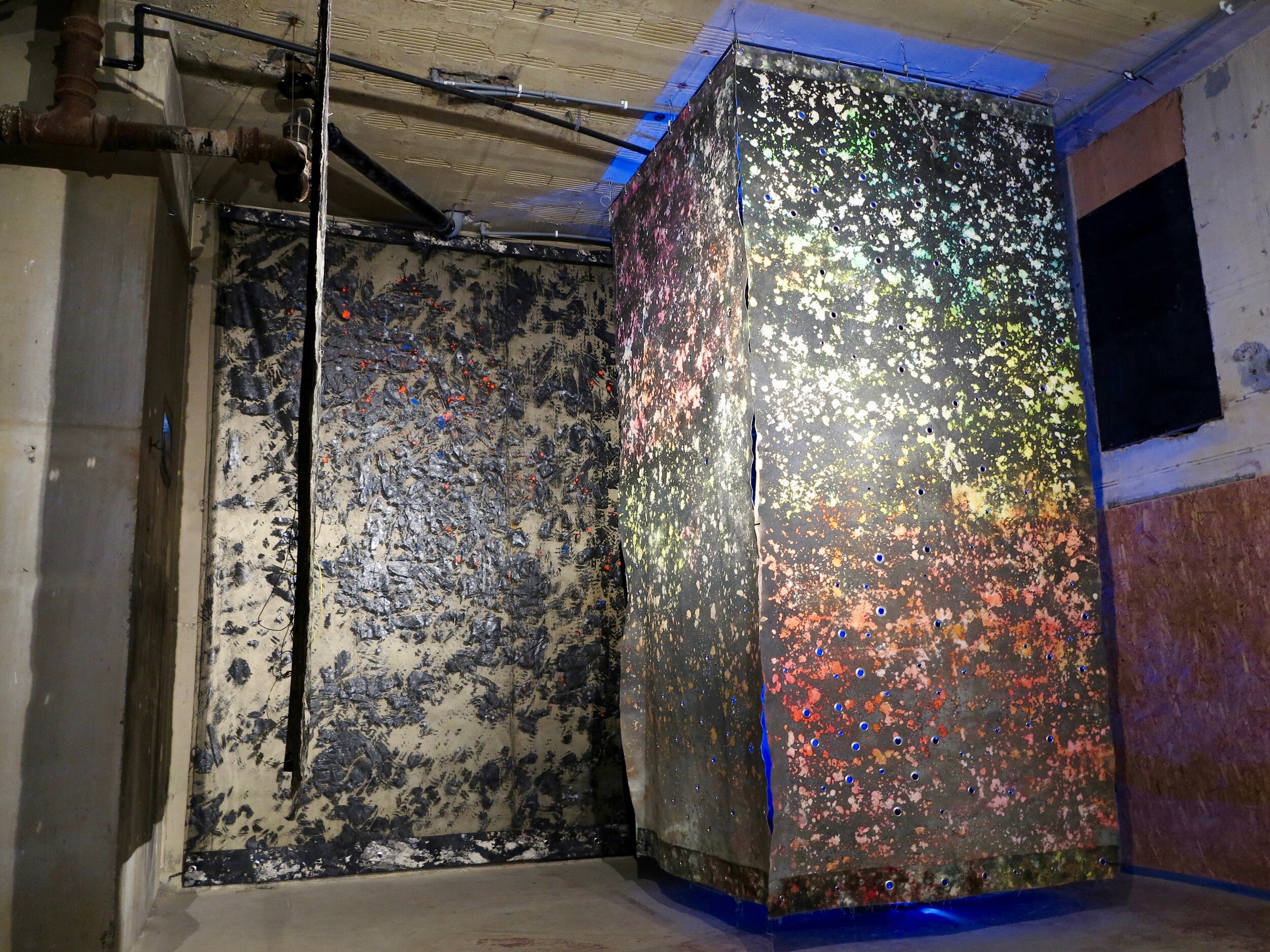   ACIDIC BLOC  installation view.  Alkyd resin, sand, brass, rubber, polyethylene, canvas and steel.  410 x 480 x 460 cm.   Sugar Mountain  @ The Silver Building, London 2019. 
