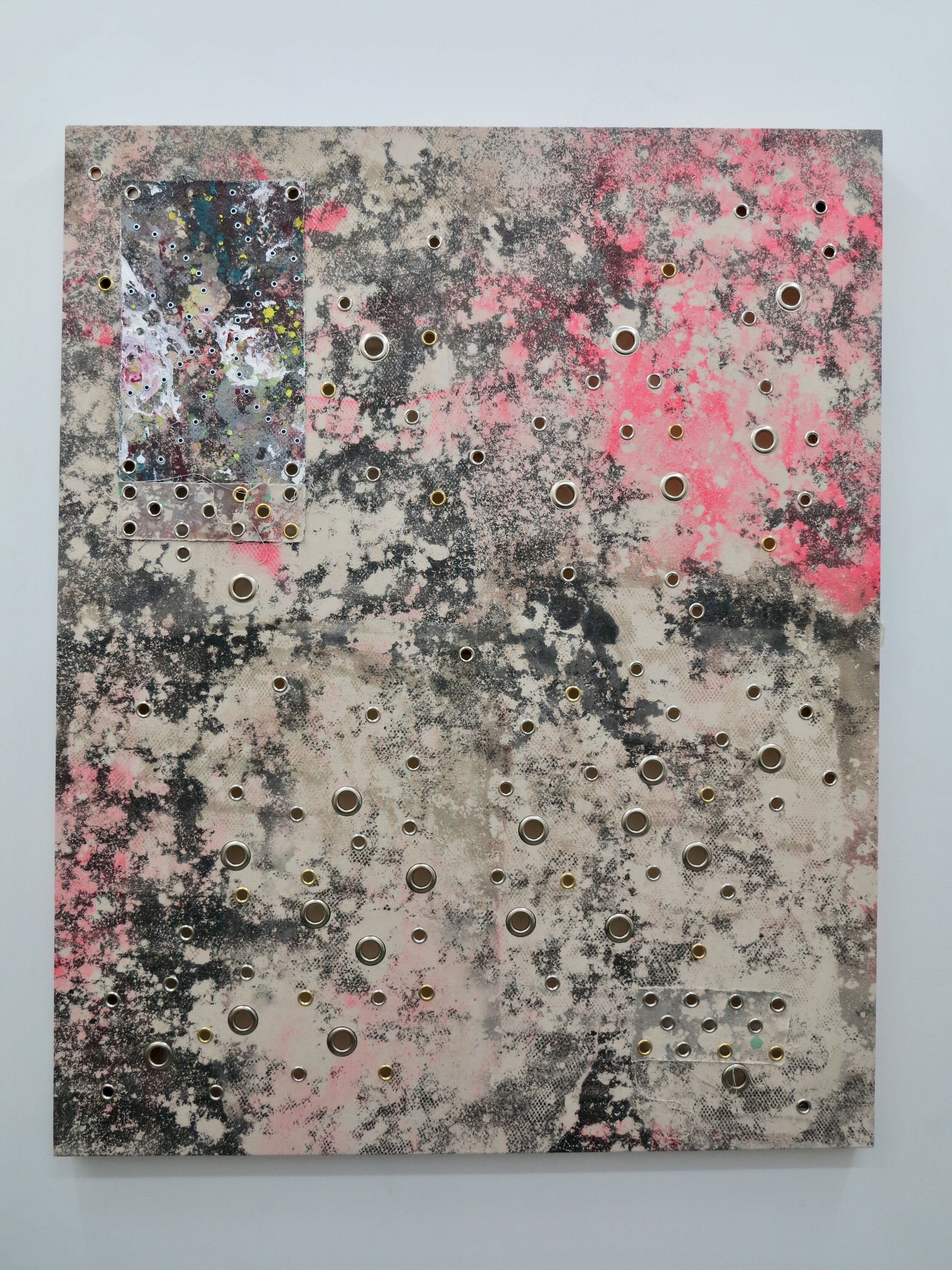   Pink Mist.   150 X 120 cm.  Resin and sand painting on canvas with brass eyelets.  London 2021. 