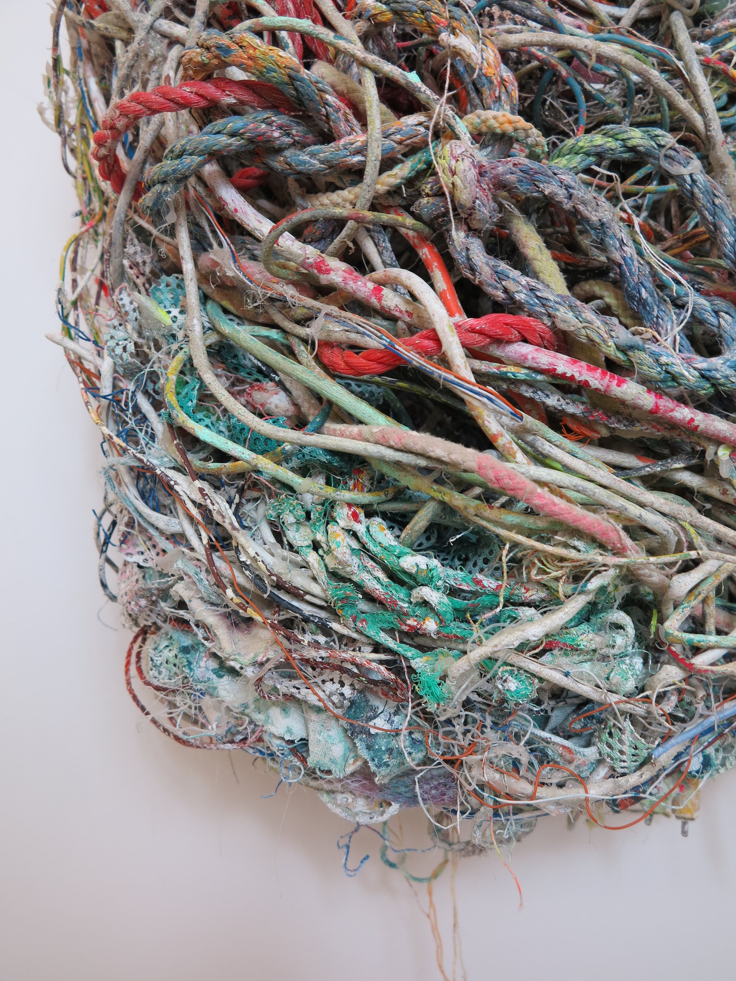   Entanglement (detail)   60 x 45 cm   Recovered electrical wires, fishing nets, ropes and studio detritus, bound to bedsprings  Part of the  You Turn Me Inside Out  solo exhibition at Fold Gallery, London 2022 