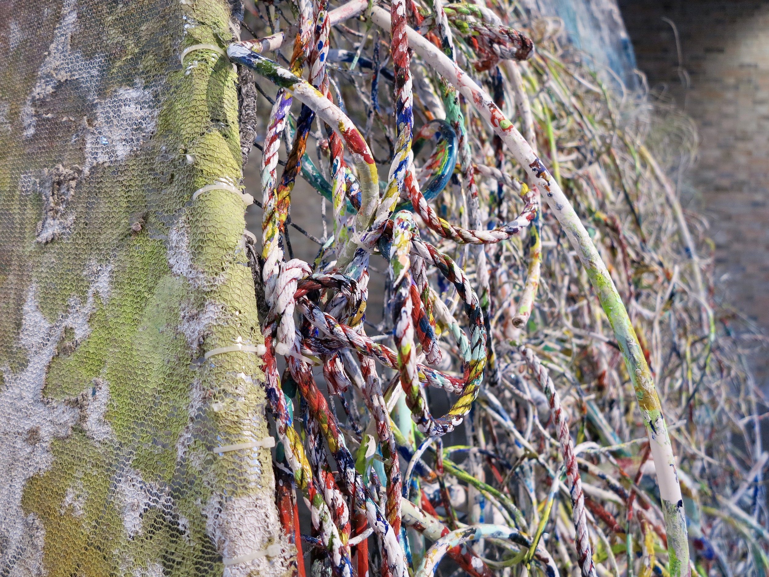  Detail from  Synergetic Shelter    Gleaned electrical wires, plastic bags, industrial nets, polymer lichen &amp; steel   Part of the Unfolding Traces exhibition, The Hangar Gallery, RCA, London 2023  