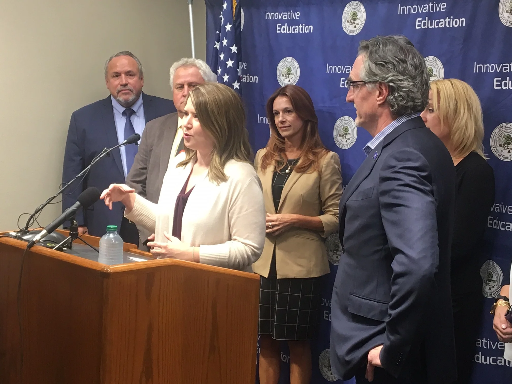 I work across the aisle to get things done. Here, I'm talking about innovative education with Gov. Doug Burgum, Kirsten Baesler - who heads the Dept of Public Instruction, and others.