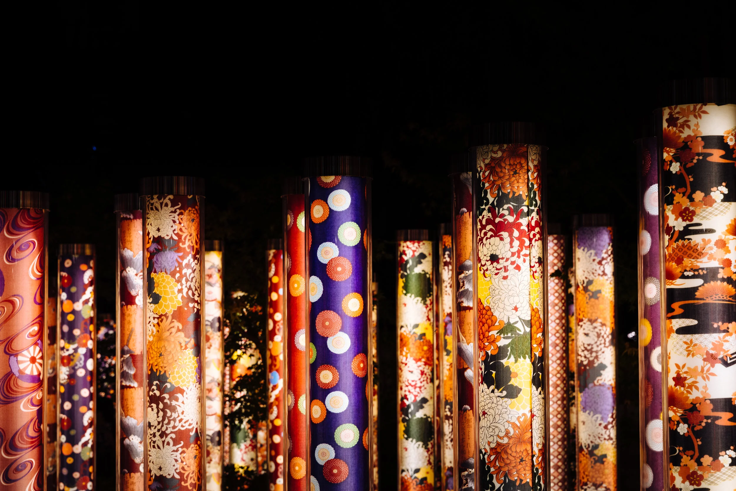 Kimono Forest, Arashiyama Formed by 600 kimono pillars. LED lights installed in each of the kimono pillars, light up the beautiful Kimono Forest at night.