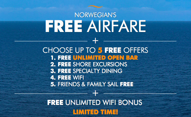 So remember when you cruise Norwegian, you get a lot more for your dollar Unlimited Bar - Wine with dinner, evening cocktails, morning mimosas. With Free Unlimited Open Bar, Guests 1 and 2 enjoy all the spirits and cocktails, wines by the glass, draft beer, and juice and soda they want. Shore Excursions - Dogsledding in Alaska? Sure. How about snorkeling in Belize? You got it. Or mamboing the night away in Havana? That too. Explore more of the shore with a Free $50 Shore Excursion Credit per port, per stateroom. Specialty Dining - Take your taste buds on a trip without setting foot on land. With Free Specialty Dining, Guests 1 and 2 enjoy a 3-Meal Specialty Dining Package. Free WiFi - Share vacation moments while they’re happening with Free WiFi. Stay connected with friends and family back home while you’re at sea with an Internet Package Time Plan—post, update, tweet, pin and more with 250 minutes you can use anywhere on the ship. Includes one login per stateroom, but choose this offer on select cruises with Free Unlimited WiFi and you'll receive a second login for your stateroom. Friends & Family - Invite your friends and family along for the cruise of a lifetime. With Free Extra Guests, Guests 3 and 4 enjoy complimentary cruise fares on select cruises with Free Extra Guests Available.