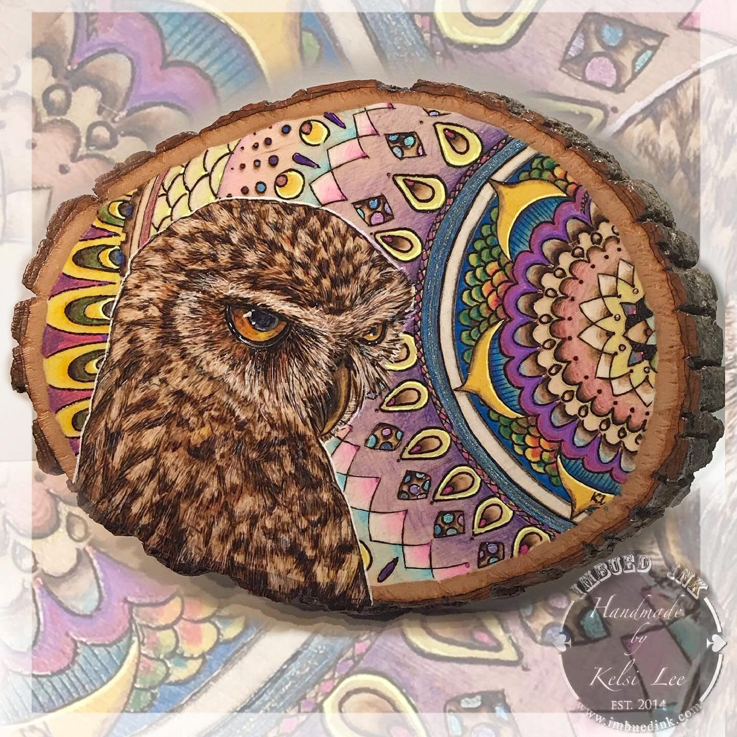 🦉 &ldquo;Owl Mandala&rdquo; on bark-edged basswood 
#freehand #handdrawn #woodburnedart ✨ 
(Part of my Bird Mandala series) 
~ ☆꧁ For Sale ꧂☆ ~ 𝒟𝓂 𝒻𝑜𝓇 𝓅𝓇𝒾𝒸𝒾𝓃𝑔
#mixedmedia #sakurapens #coloredpencil #pyrographyart #colorful
#walnuthollow 