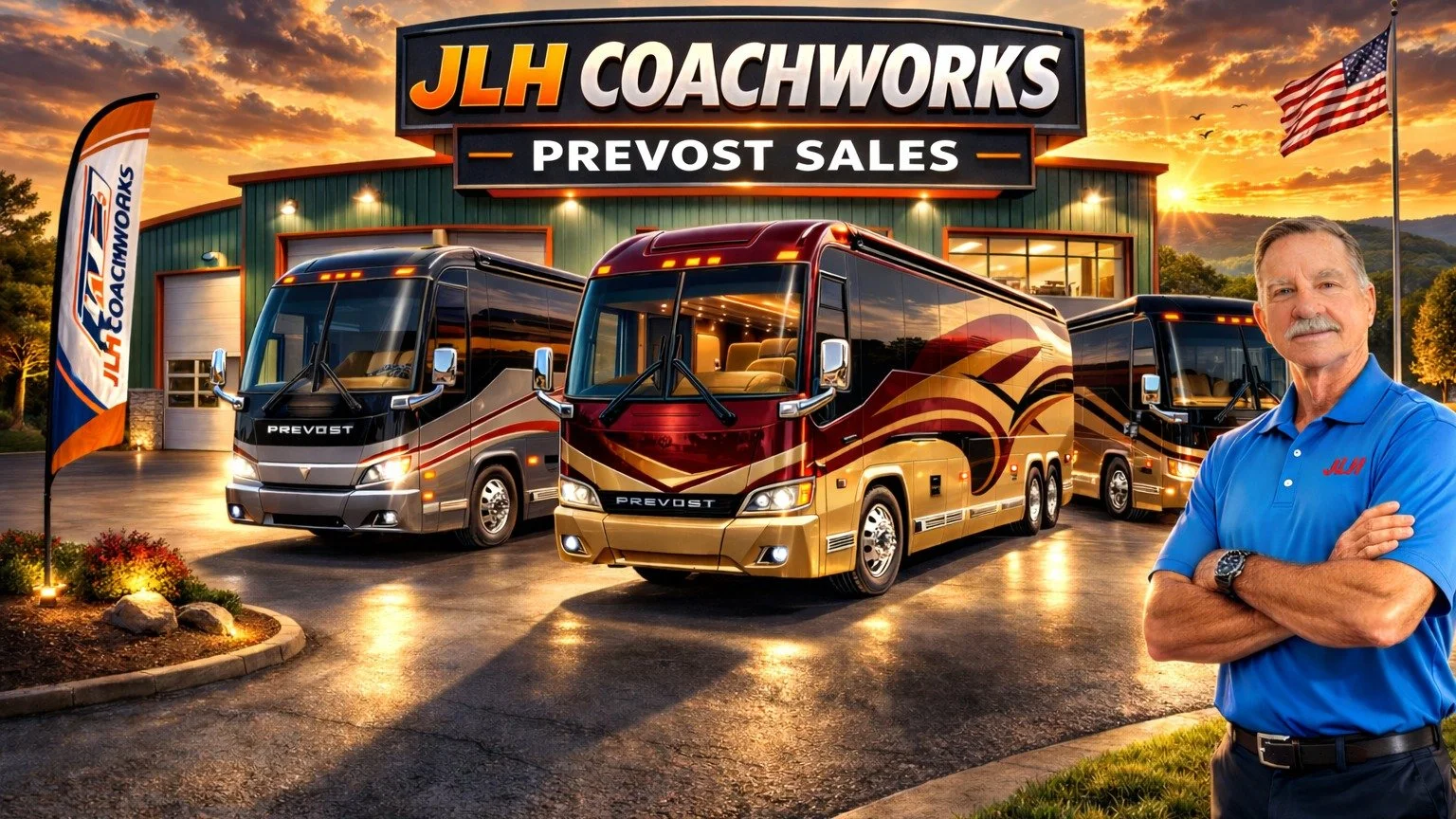 Passing through Exit 1 on I-75? Pull into Hawkins Pointe RV Park and find your next dream ride! 🛣️
JLH Coachworks is on-site with a stunning lineup of Prevost motorcoaches for sale. Whether you&rsquo;re staying at one of our 85-foot executive pull-t